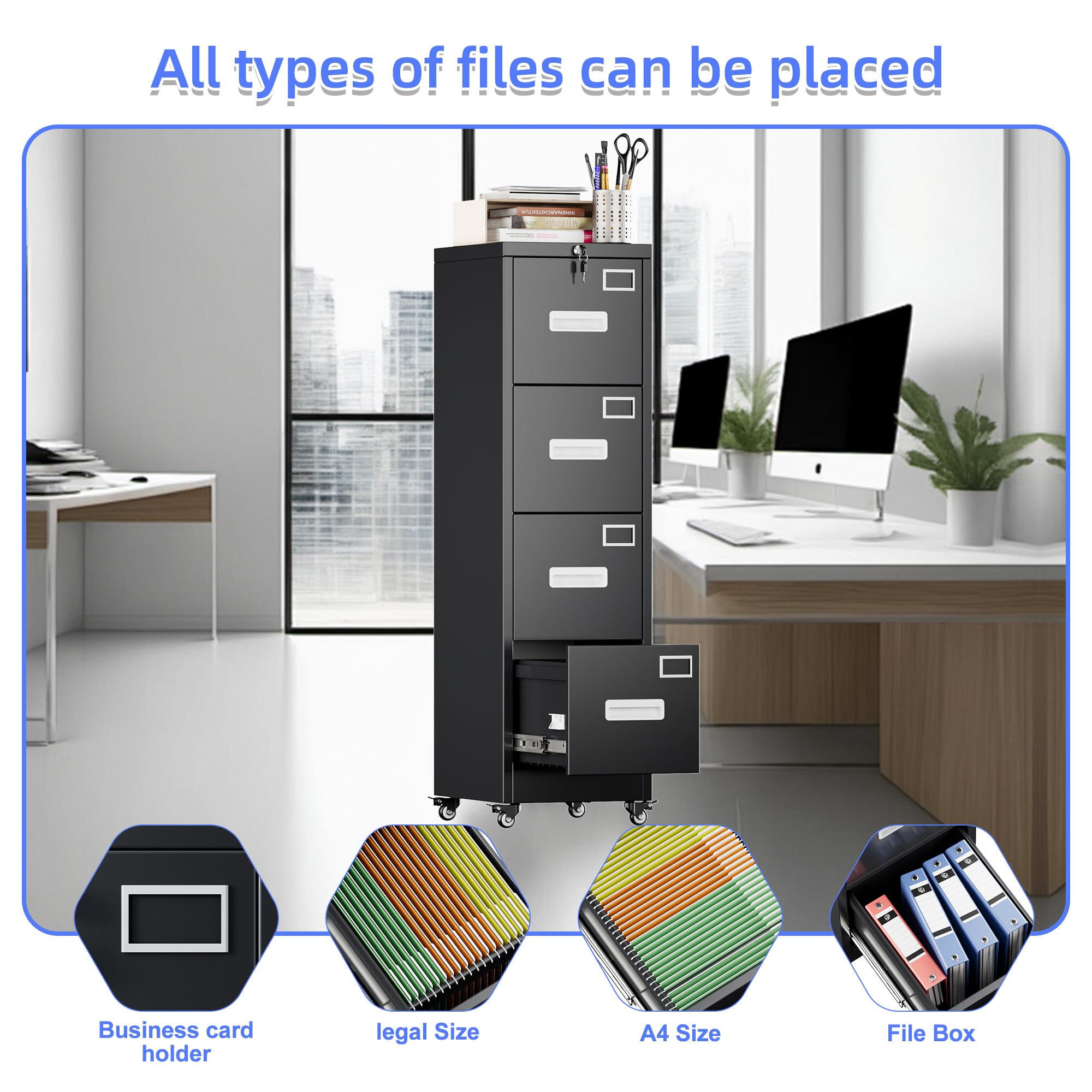 Lockable 4-Drawer Vertical File Cabinet on Wheels - Mobile Office & Home Storage Cabinet with Handle & Name Card - Easy Assembly, Black - Perfect for Organizing Documents, Files & Office Supplies