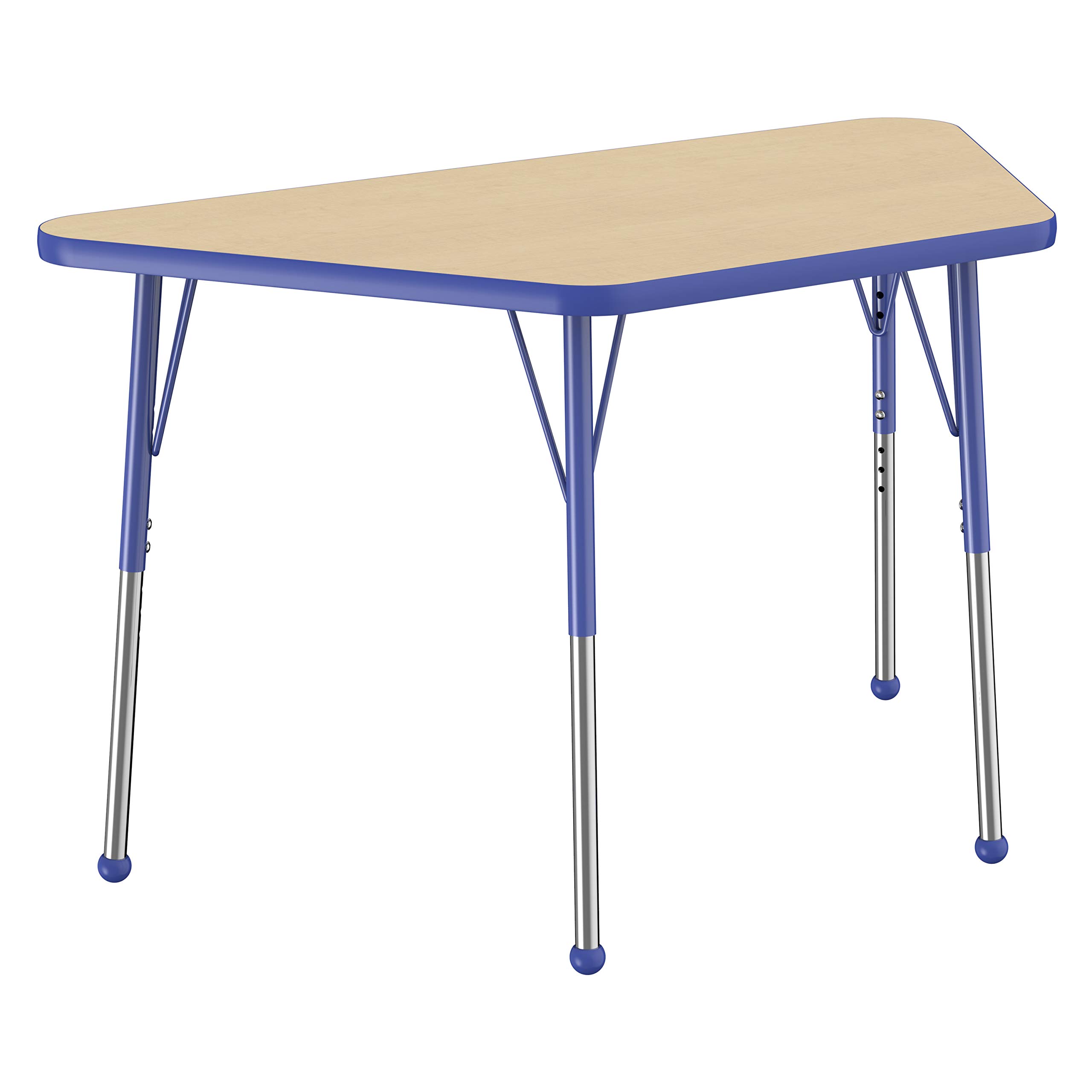 FDP Adjustable Height Trapezoid Activity Table - 24 x 48 Inch Maple Top with Blue Edge for School, Office & Collaborative Workspaces | 19-30 Inch Height Range with Standard Legs & Ball Glides - Perfect for Classrooms, Meeting Rooms & Team Projects