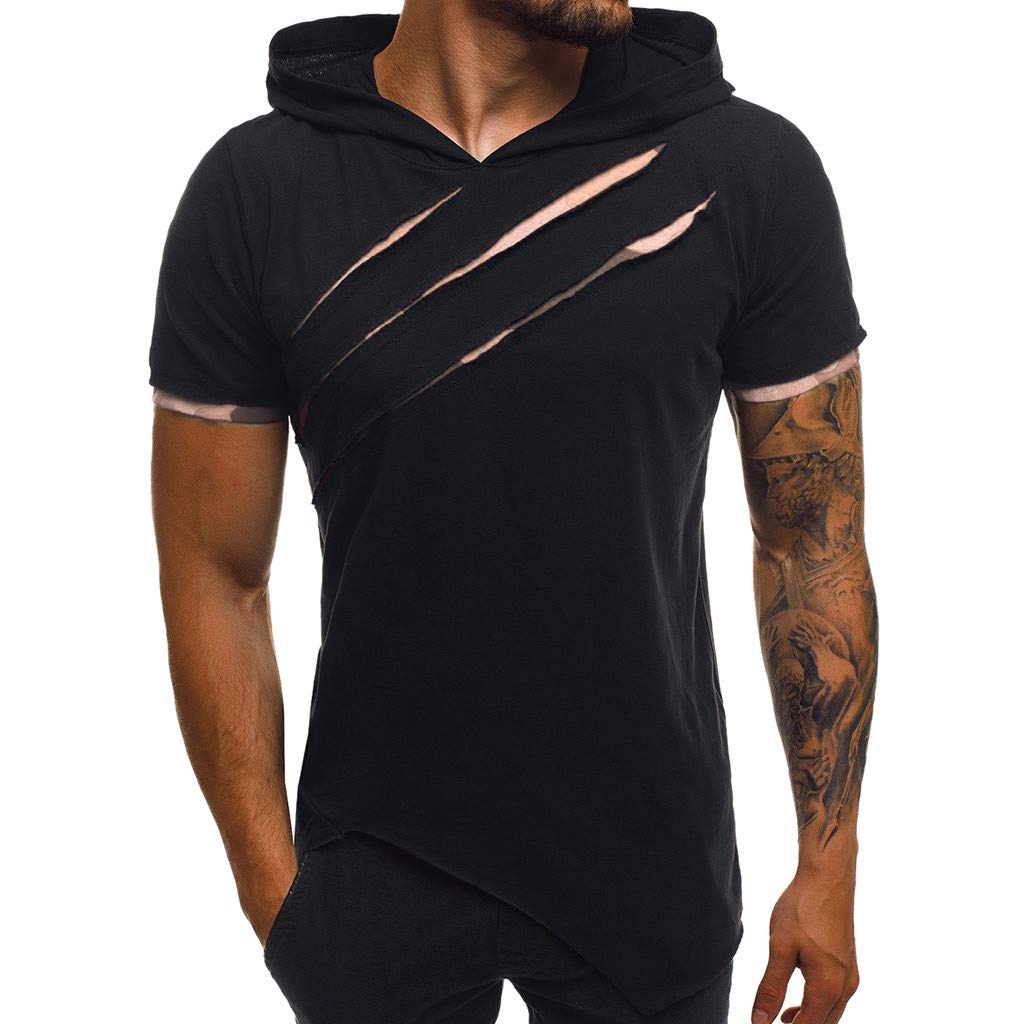 Men's Slim Fit Hooded Patchwork Casual Short Sleeve Dress Shirt - Summer Fashion Top with Cuff Details | Perfect for Office Wear, Date Nights & Casual Outings