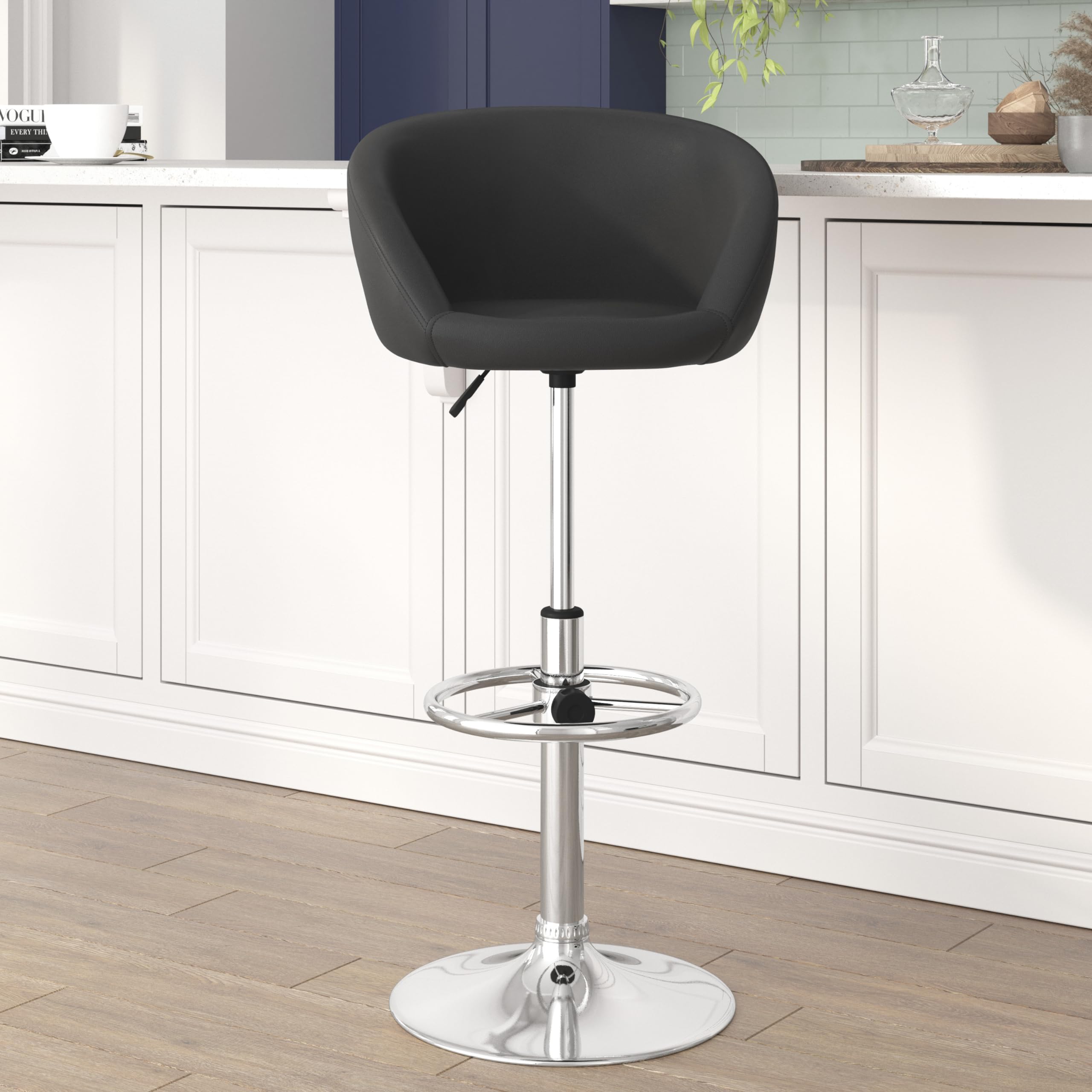 Adjustable Height Black Vinyl Bar Stool with Comfortable Barrel Back - Perfect for Kitchen Islands, Home Bars & Dining Countertops