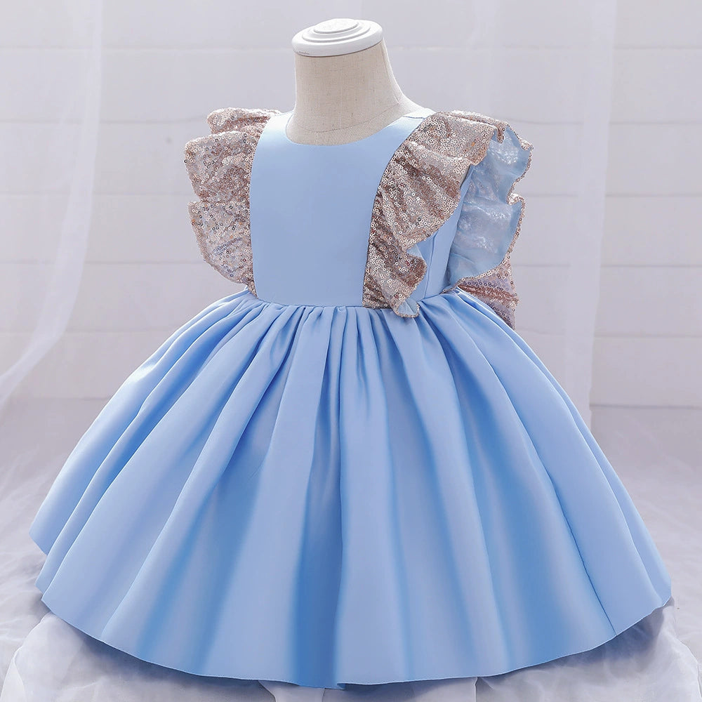 Royal Blue Satin Princess Round Tea Length Flower Girl Dress for Weddings, Parties & Special Occasions