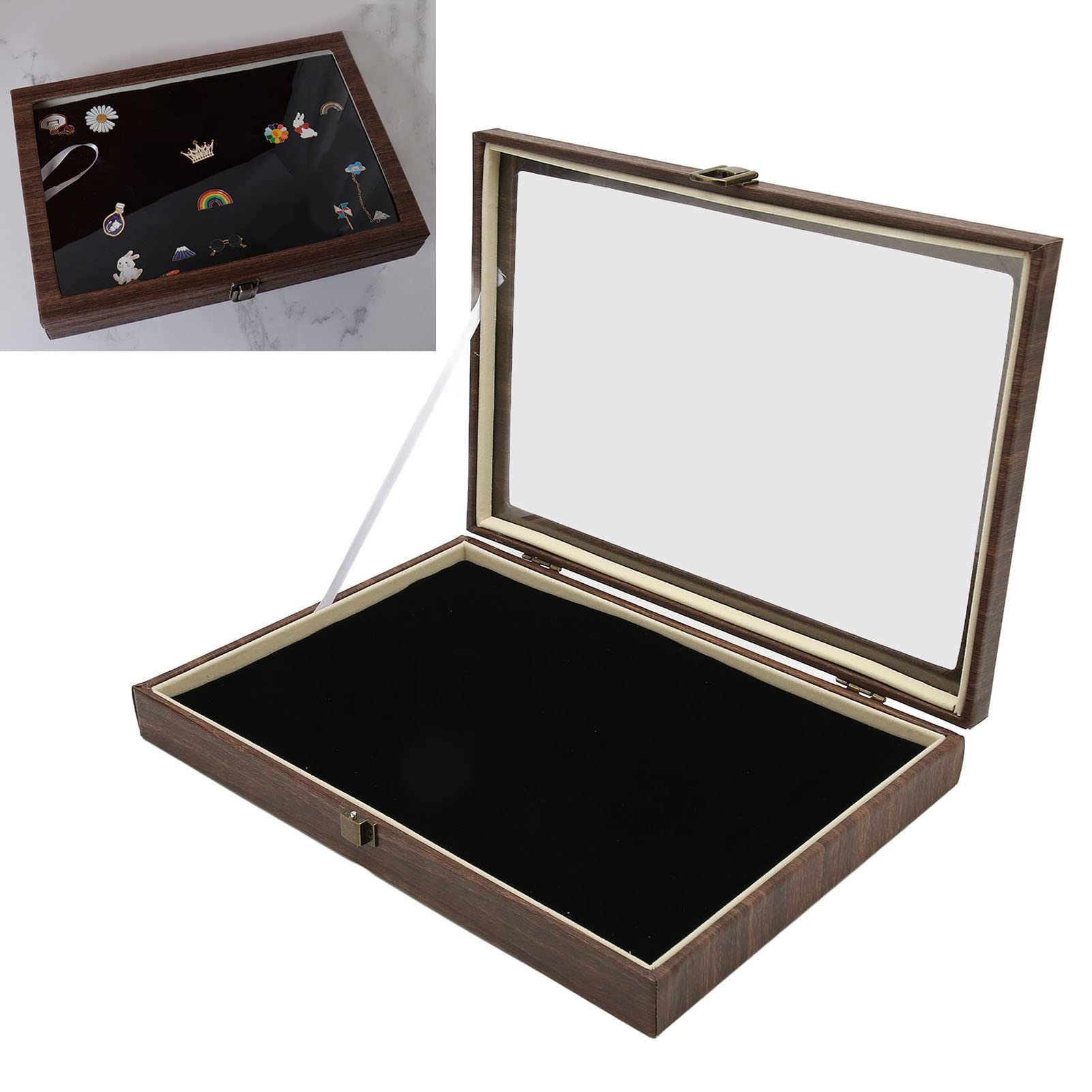 Premium PU Leather Shadow Box Display Case for Jewelry, Badges, Medals & Coins - Elegant Black Collector's Storage Box with Glass Front - Perfect for Showcasing Pins, Military Insignia, Awards & Memorabilia (Home Decor, Office Display, Gift Presentation)