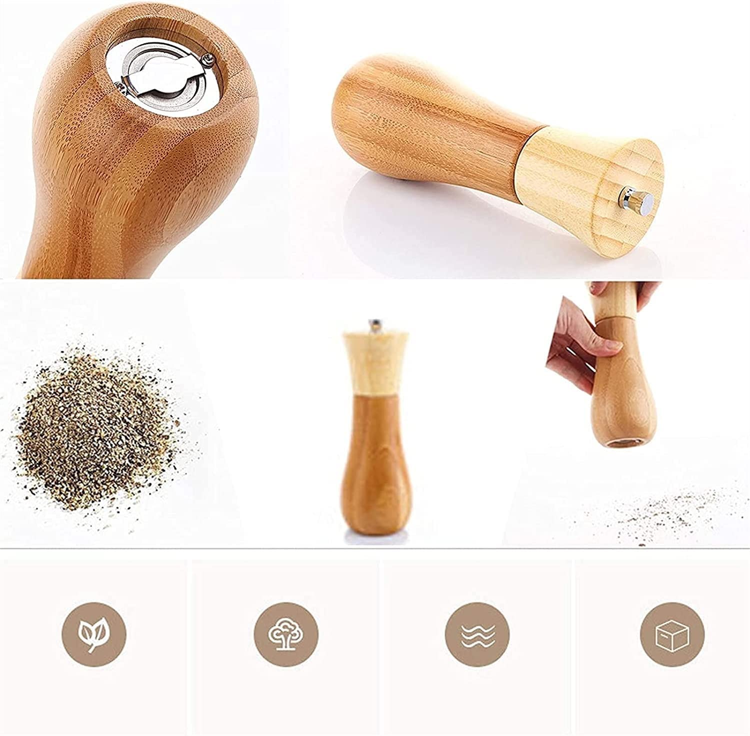 Premium Bamboo Wooden Salt and Pepper Grinder Set - 2 Pack Refillable Adjustable Ceramic Mill for Sea Salt & Black Pepper - Perfect for Kitchen, Dining Table & Camping Seasoning Needs