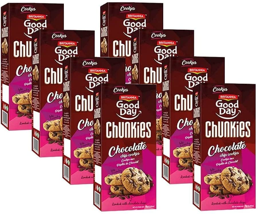 Britannia Good Day Chunky Chocolate Chip Cookies 2.64oz (75g) - Crunchy Baked Cookies with Real Chocolate Chips - Perfect for Breakfast, Tea Time & Office Snacks - Pack of 8 - Great for Gifts & Party Favors