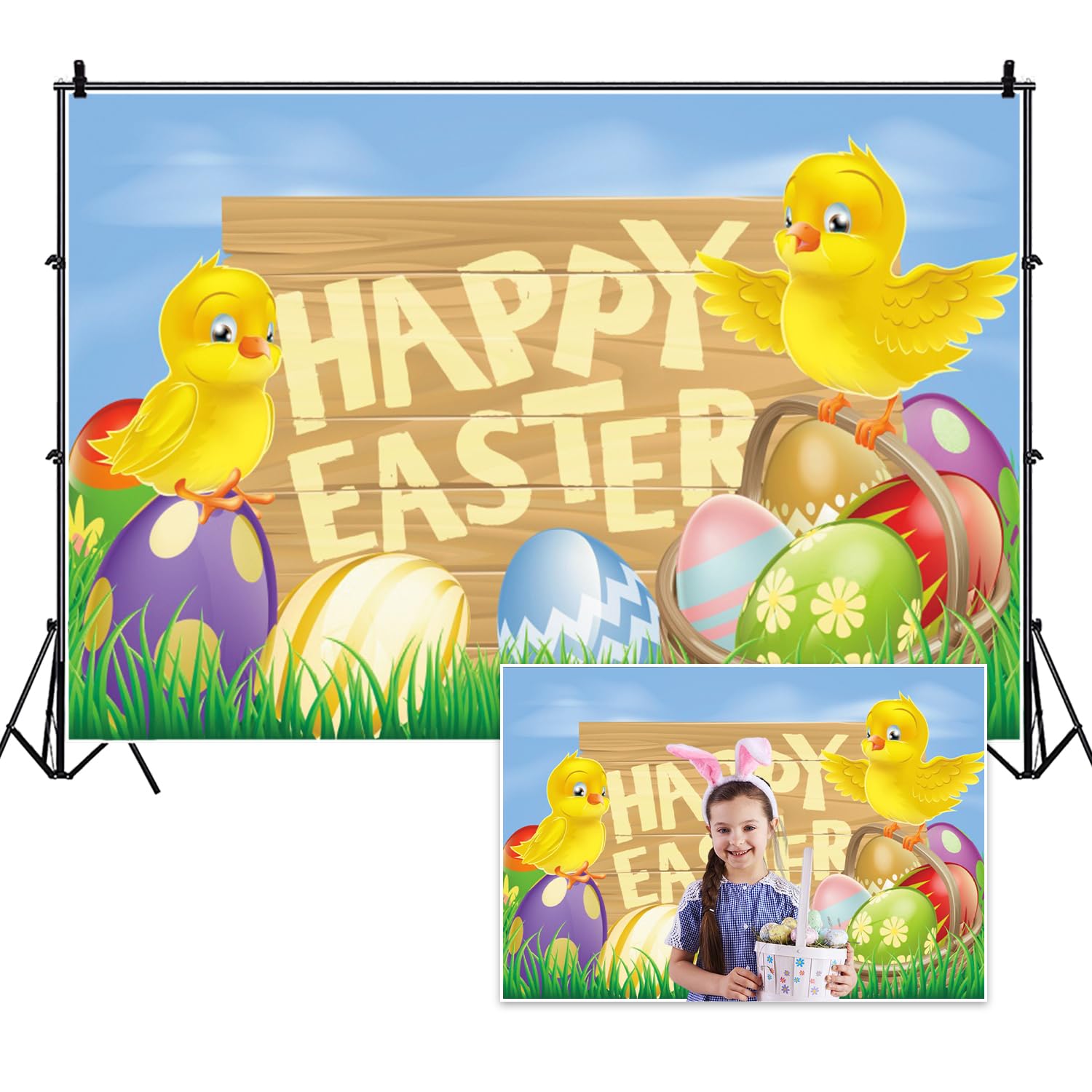 7x5ft Happy Easter Backdrop - Spring Bunny Party Photography Background with Easter Eggs, Wood Texture & Green Grass - Perfect for Easter Celebrations, Child/Adult Portraits & Photo Studio Props | Ideal for Easter Parties, Family Photos & Holiday Decorations