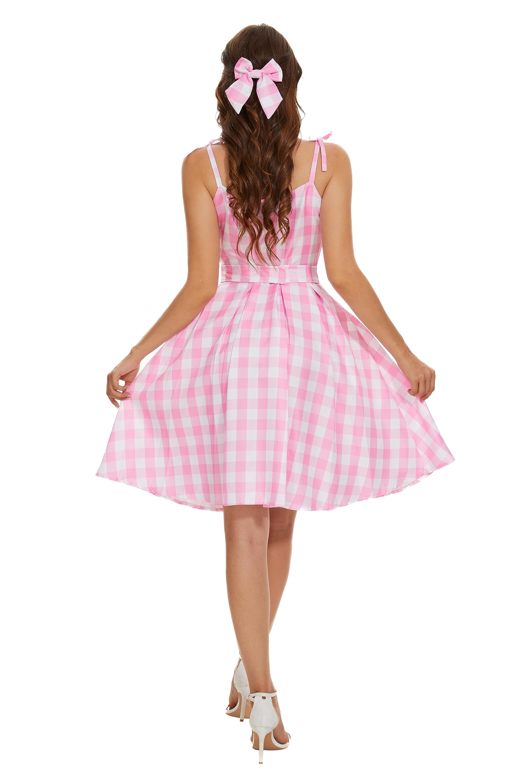 AYYOHON Women's Pink Plaid Dress with Skirt, Hair Bow, Daisy Necklace & Earrings Set - Halloween 2023 Cosplay Costume for Parties, Anime Conventions & Themed Events