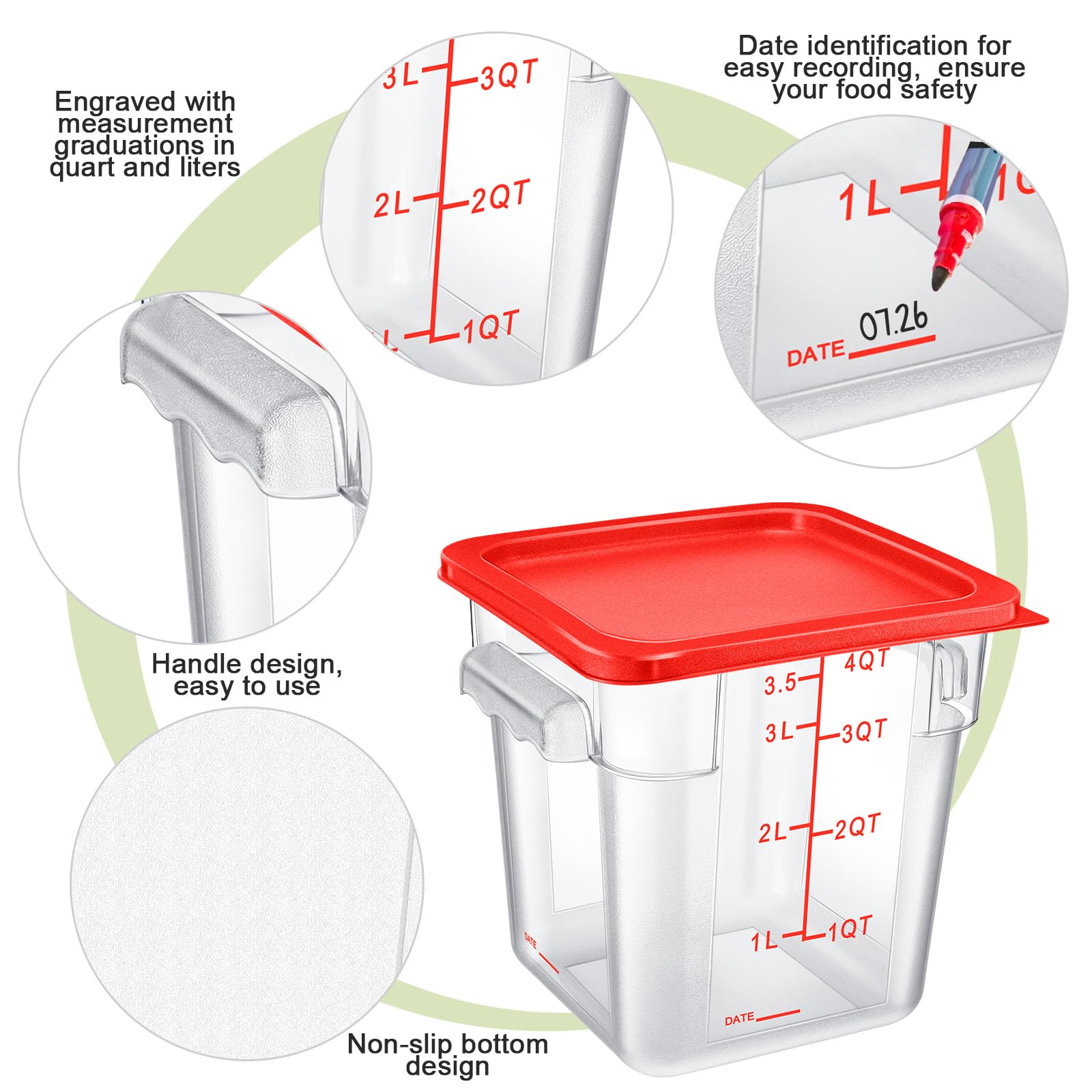 **Maxcheck 4-Piece 4Qt Square Food Storage Containers with Lids – Clear Commercial-Grade BPA-Free Plastic, Measuring Scale & Handles – Space-Saving for Home, Kitchen, Restaurant – Ideal for Dough Proofing, Marinating Meat, Meal Prep (Red)**    *(Use Cases: Perfect for storing leftovers, meal prepping, marinating meats, proofing dough, organizing pantry, and commercial kitchen use.)*