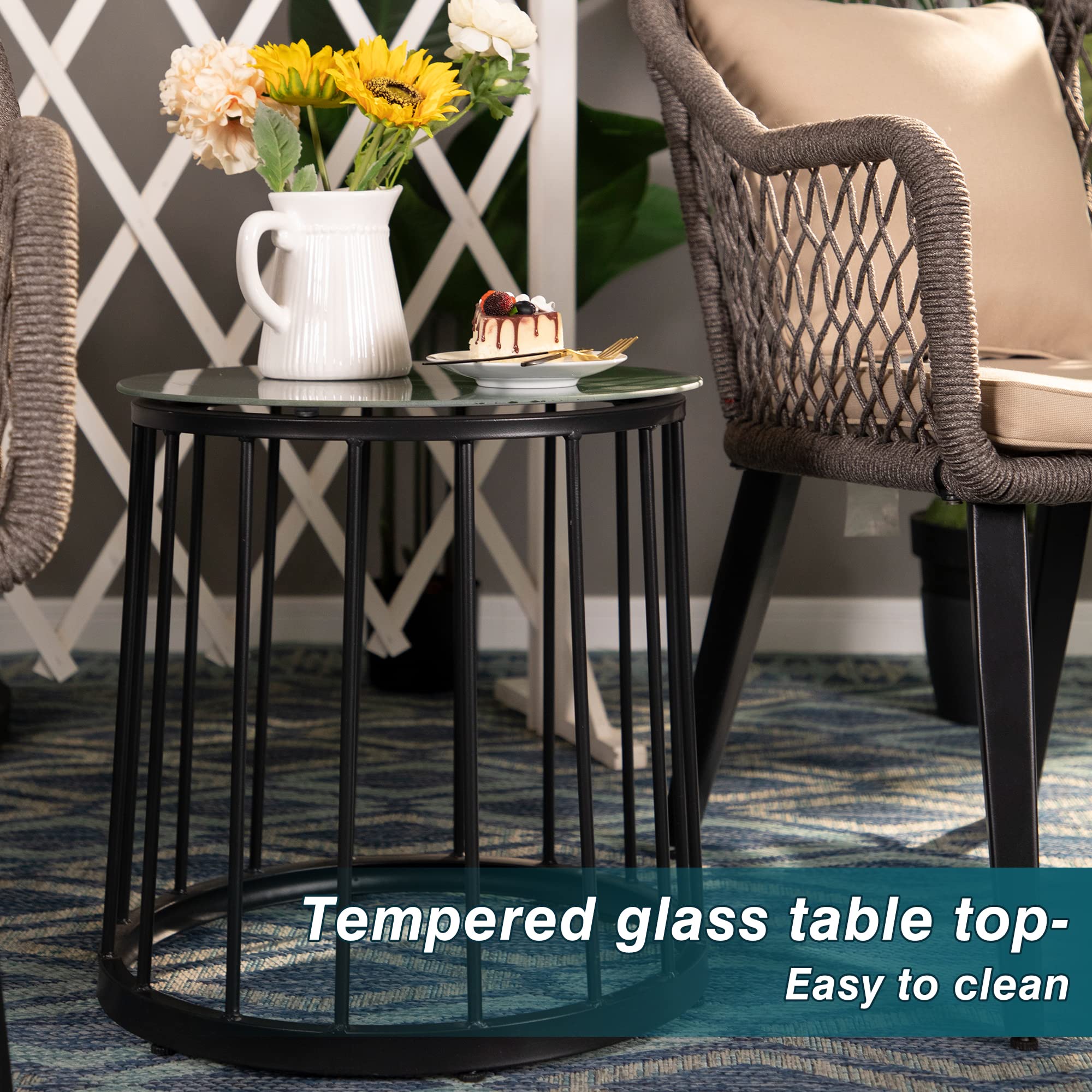PHI VILLA 3-Piece Outdoor Patio Furniture Set - 2 Hand-Woven Olifin Rope Chairs with Cushions & 1 Tempered Glass Coffee Table - Grey Wicker Bistro Set with Beige Cushions for Backyard, Porch, Garden or Poolside Relaxation
