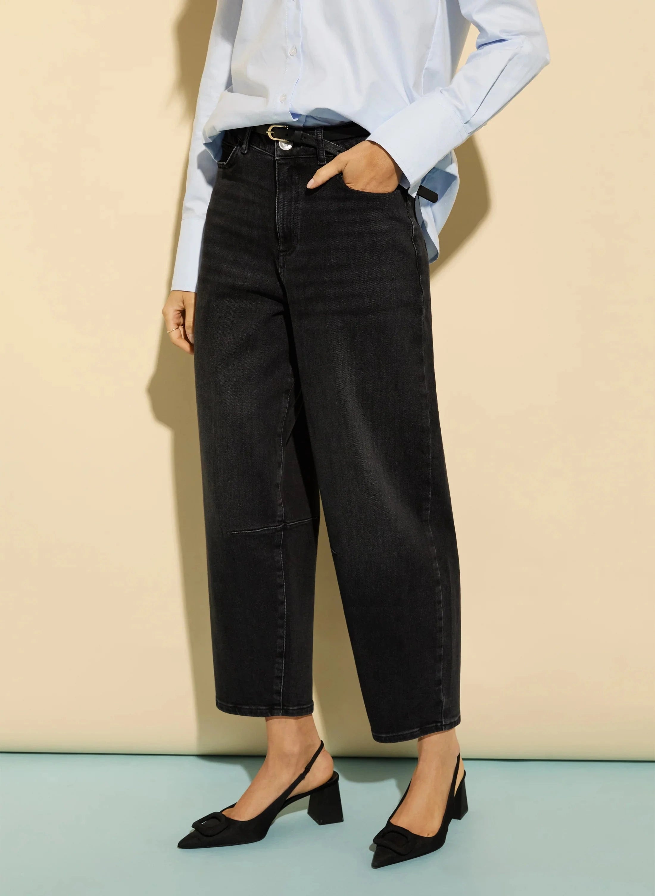 Nixi Organic Stretch Cotton Denim Barrel Jeans for Women - Washed Black | High Waist Comfort Pants | Perfect for Casual Wear, Office & Travel