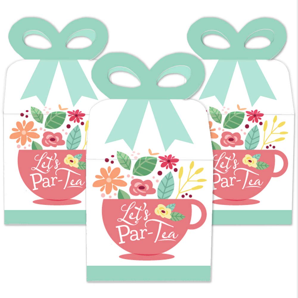 Big Dot of Happiness Floral Let’s Par-Tea Square Favor Gift Boxes - Set of 12 Elegant Garden Tea Party Bow Boxes for Bridal Showers, Baby Showers & Birthday Celebrations