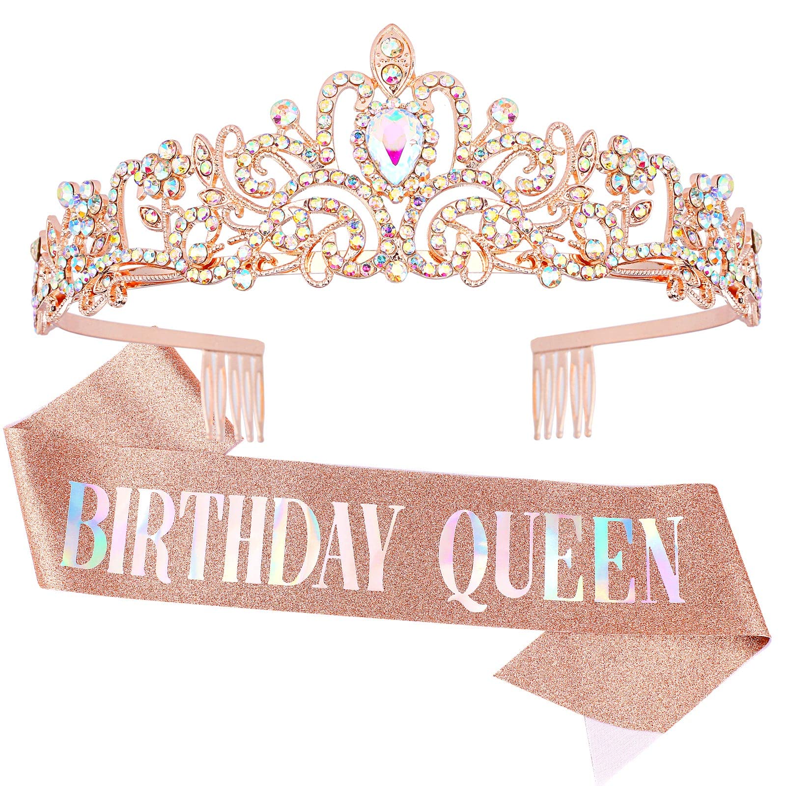 Birthday Queen Sash & Crystal Tiara Set - Silver Crown & Rhinestone Headband for Women & Girls | Rose Gold Tiara with Glitter Sash | Perfect for Birthday Parties, Bachelorette, Pageants & Special Events (Aurora Borealis Rose Gold)