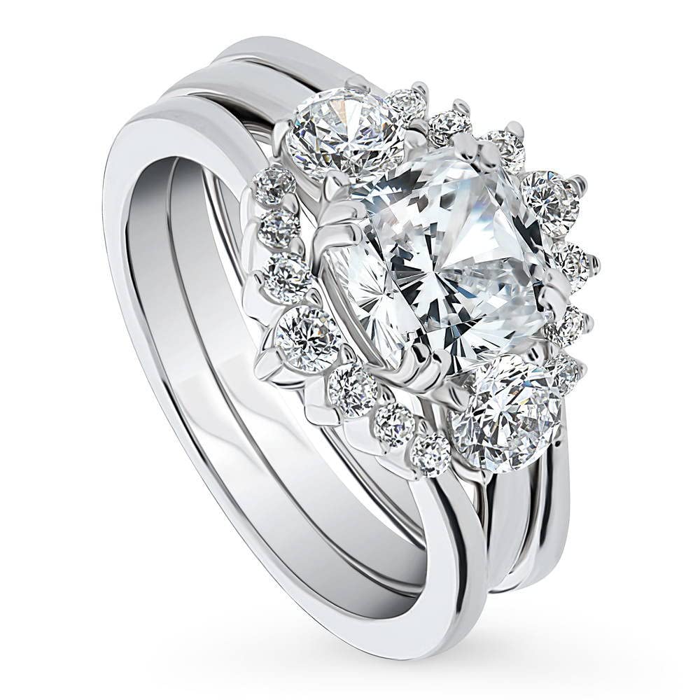 BERRICLE Sterling Silver 3-Stone Wedding & Engagement Ring Set - 2 Carat Cushion Cut Cubic Zirconia CZ Wishbone Design for Women, Rhodium Plated Size 4-10 - Perfect for Proposals, Anniversaries & Special Occasions