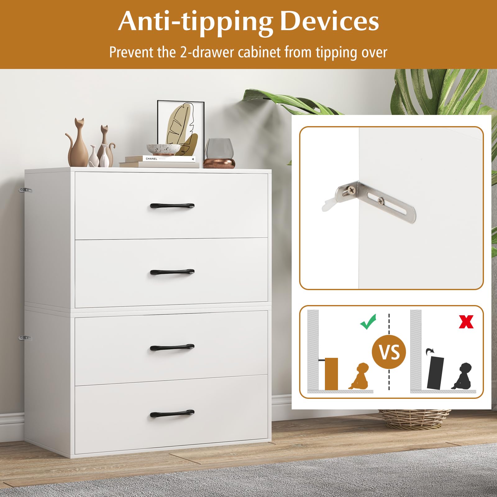 Giantex 2-Drawer Stackable Dresser Organizer with Handles - Horizontal Storage Cube for Bedroom, Living Room, Office & Closet - White (Perfect for Small Spaces & Home Organization)