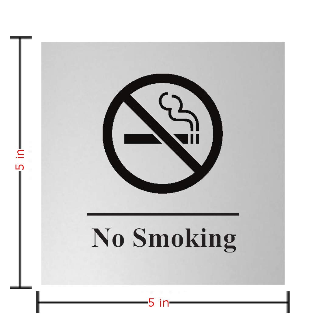 No Smoking Sign - 5x5 Inch Flexible Plastic Square with Adhesive Back - 6 Color Options (Pack of 6, Silver/Black) - Perfect for Offices, Restaurants & Public Spaces