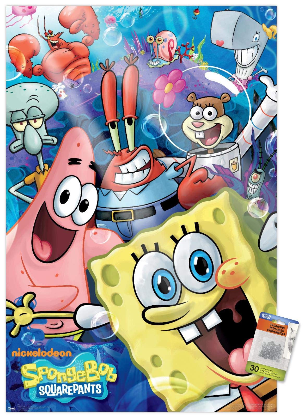 Trends International Nickelodeon SpongeBob SquarePants Joy Wall Poster - 22.37x34 Inch Premium Quality Poster with Push Pins Bundle - Perfect for Kids' Room Decor, Classroom, or Office Wall Art