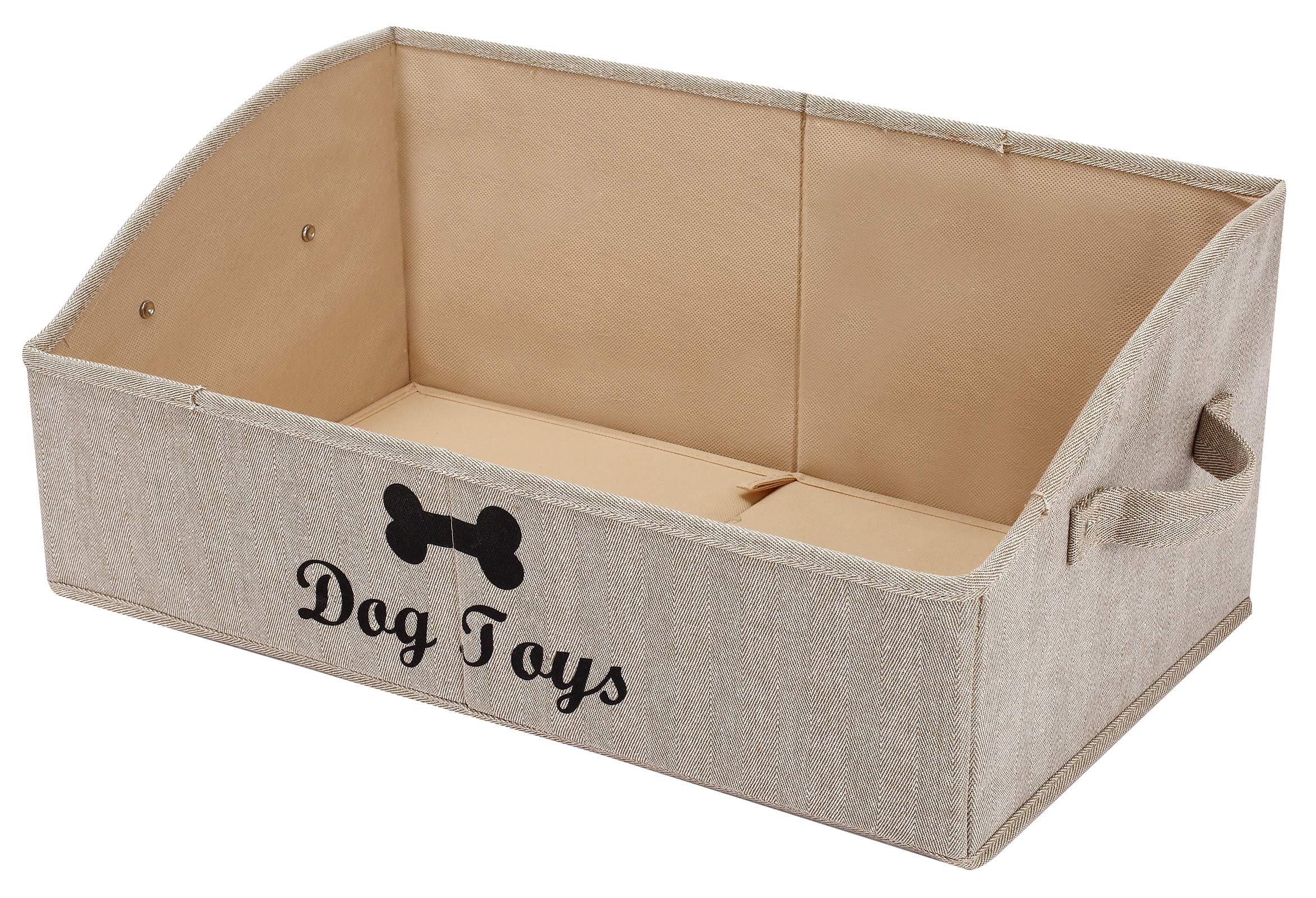 Foldable Fabric Dog Toy Storage Basket with Handle - Large Collapsible Trapezoid Organizer Bin for Pet Toys (Khaki Stripe) | Perfect for Living Room, Bedroom & Dog Play Area Organization