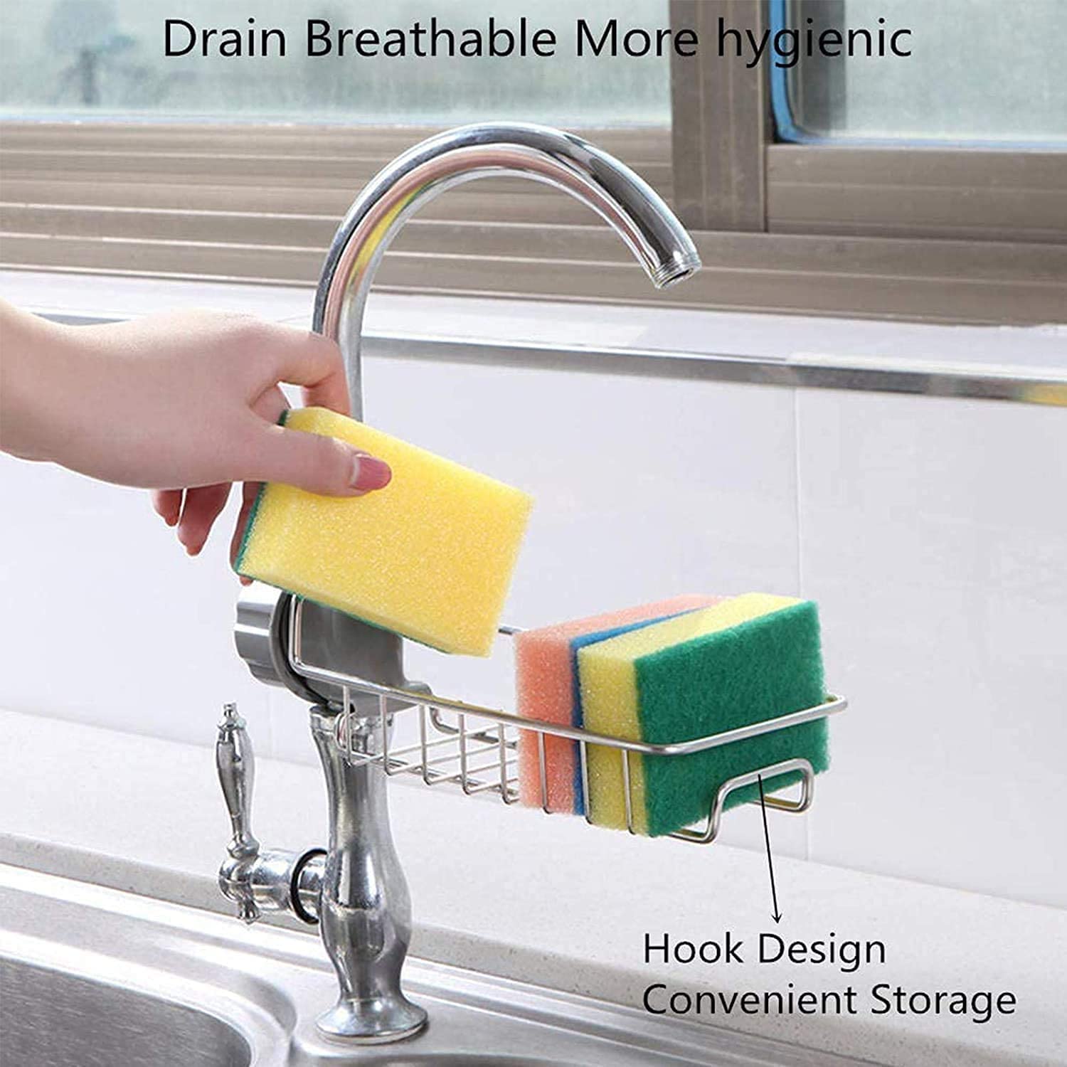 ASTRECA Stainless Steel Soap Sponge Holder Rack - Kitchen & Bathroom Faucet Organizer, Hanging Sink Caddy for Sponges, Brushes & Towels - Perfect for Sink Organization & Countertop Storage