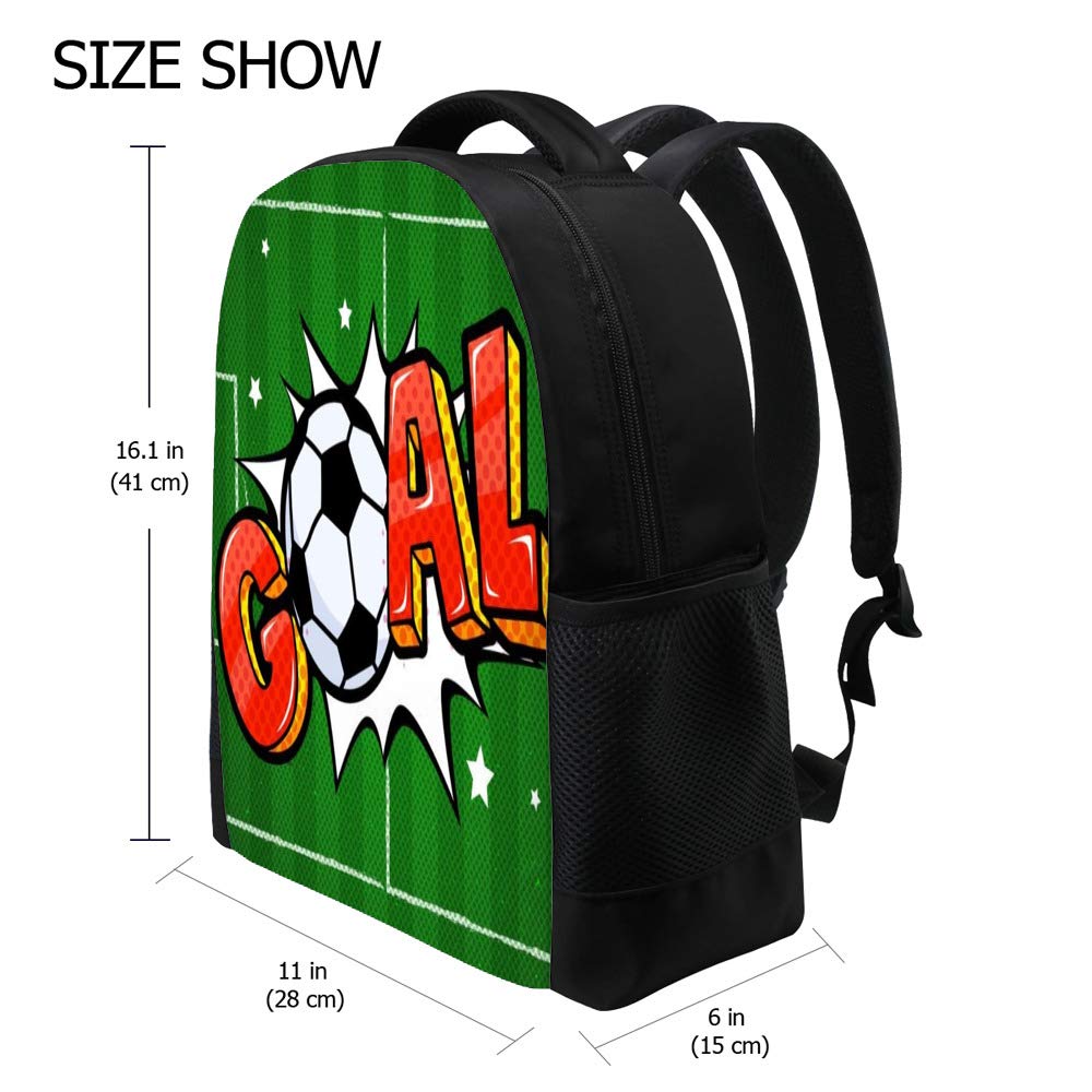 Kuizee 16 Inch Soccer Pop Art Backpack - Durable School Book Bag for College, Travel & Daily Use - Green Football Goal Design Rucksack | Perfect for Students, Commuters & Sports Fans