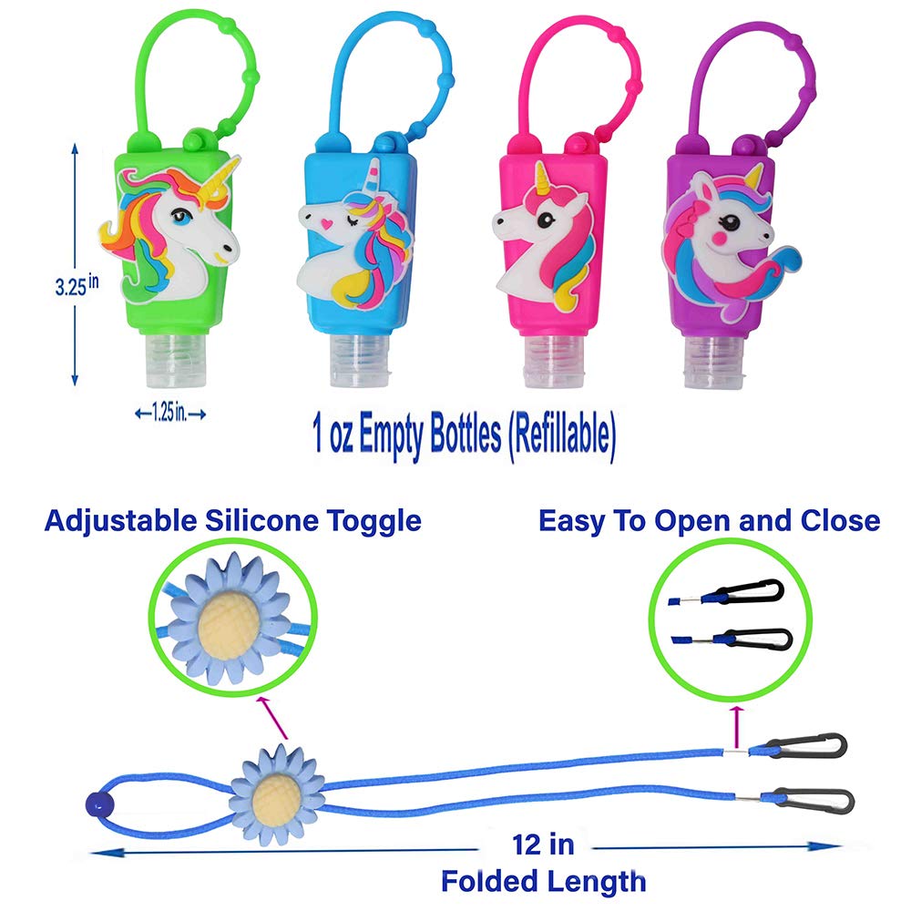 KINIA 8-Pack Unicorn Hand Sanitizer Bottles with Lanyards - Refillable for Kids Travel