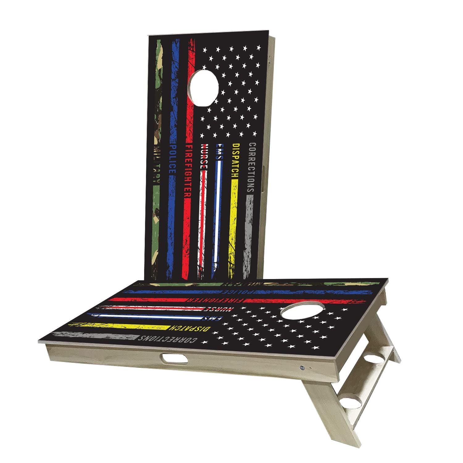 Skip's Garage USA Flag First Responders Cornhole Board Set - 2 Boards, 8 Bags & Accessories - Custom Sizes - Perfect for Backyard BBQs, Tailgating & Patriotic Events