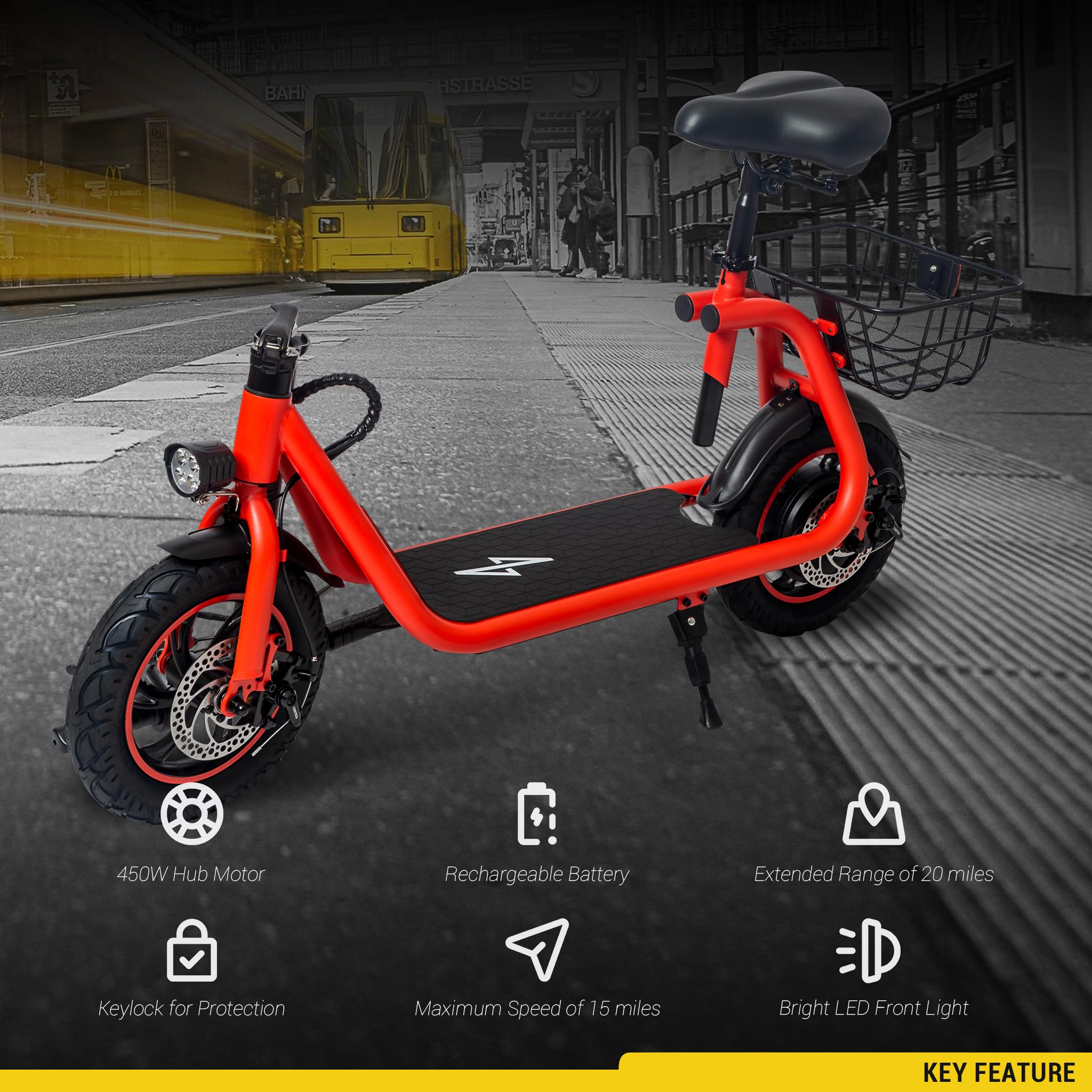 Phantomgogo Electric Scooter for Adults - Foldable Commuter E-Scooter with Seat, Carry Basket & 350W Brushless Motor, 15MPH Speed, 265lbs Weight Capacity - Perfect for Urban Commuting, Campus Travel & Last-Mile Transportation