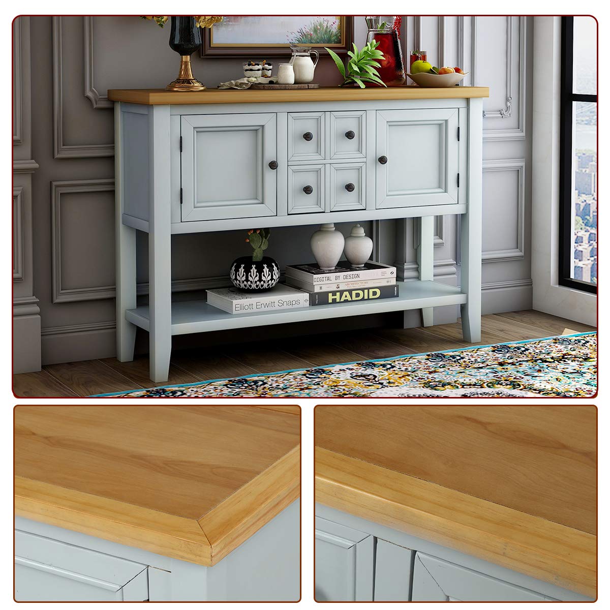 Antique White Wood Buffet Sideboard with Storage for Living Room & Kitchen