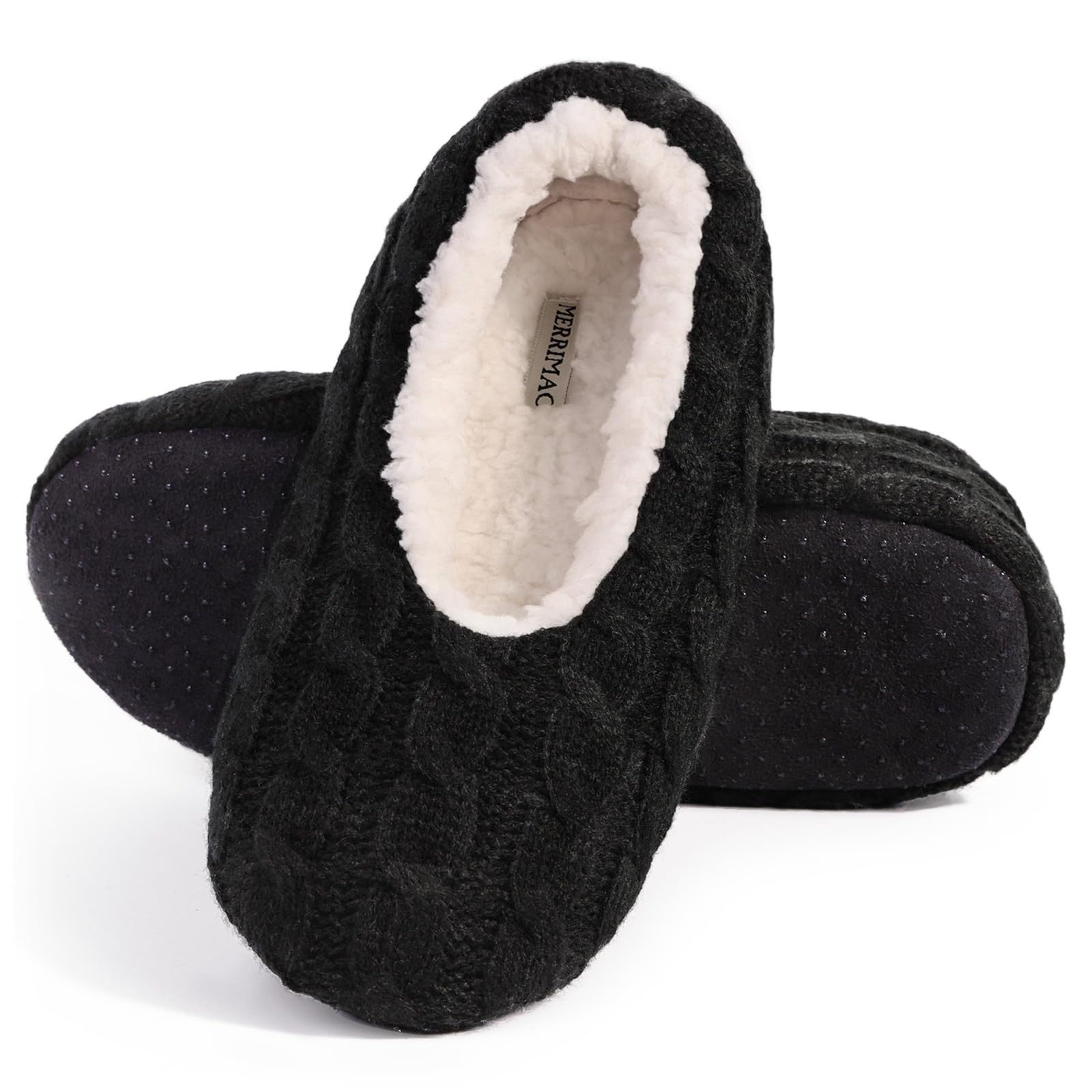 MERRIMAC Women's Cozy Fuzzy Cable Knit Non-Slip Slipper Socks with Grippers - Warm House Shoes for Winter, Lounge & Home Comfort