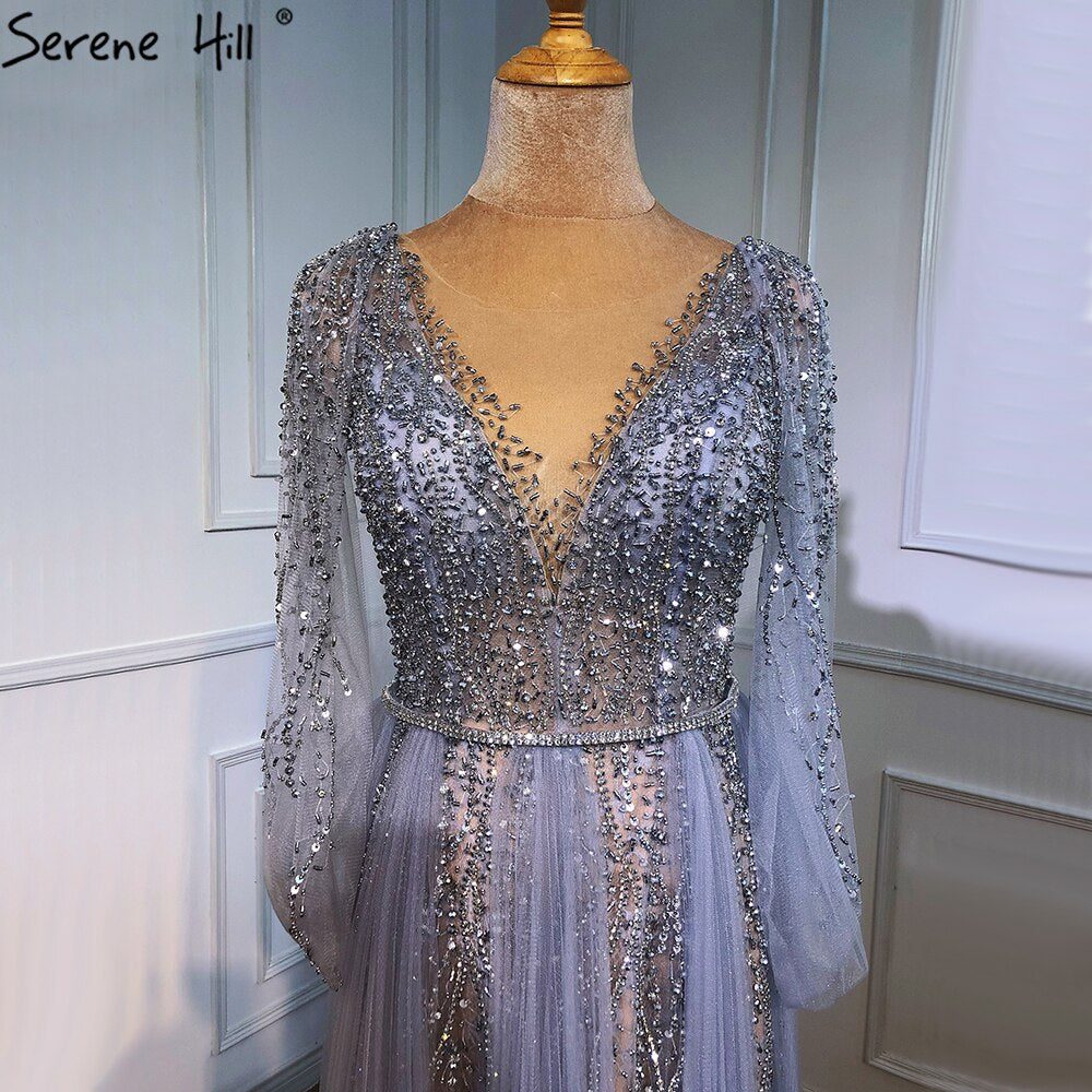 Elegant Grey A-Line Evening Dress with Diamond Beading for Women - Luxury Party Gown for Prom, Wedding & Formal Events - Serene Hill Collection 2025