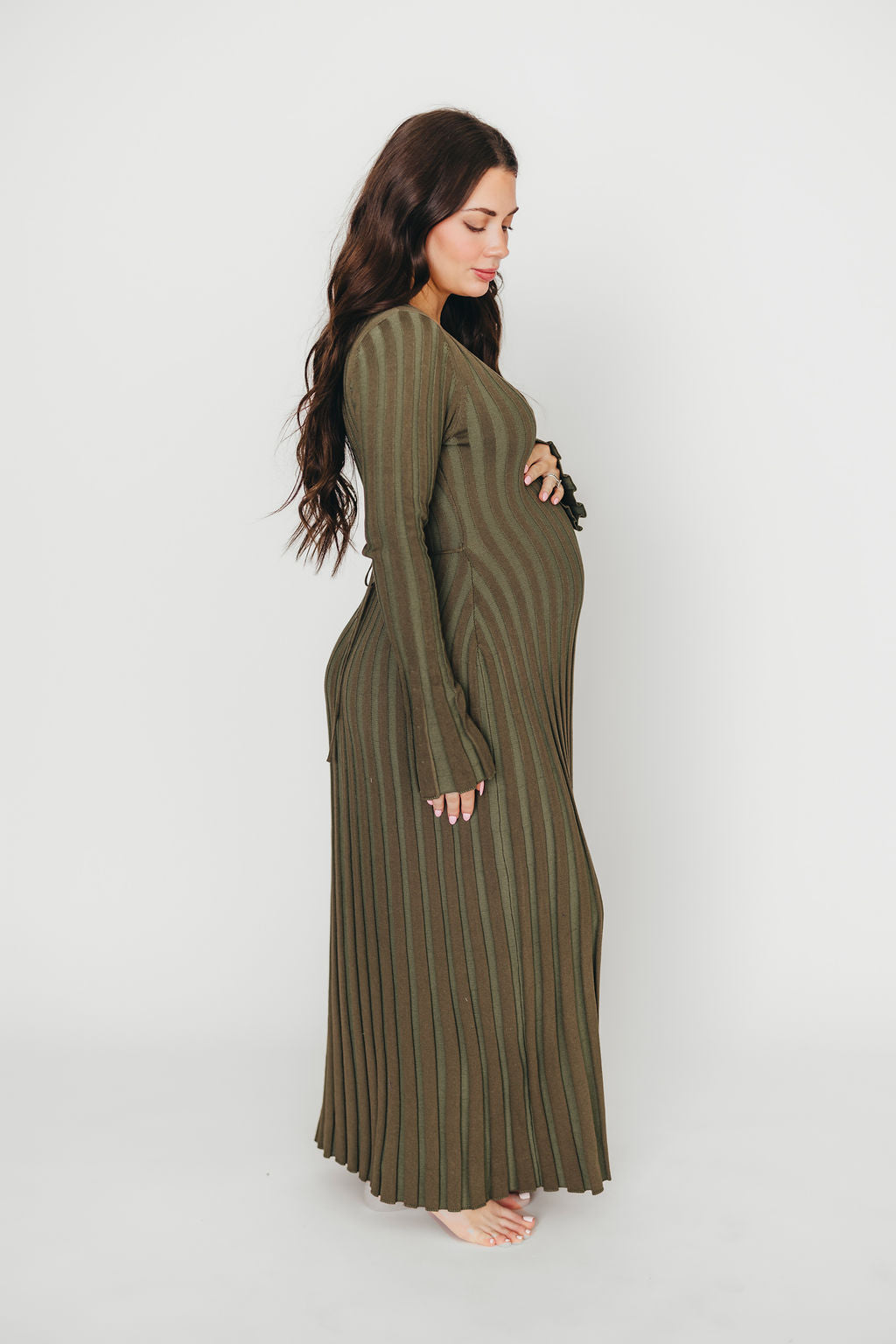 Hadley Long Sleeve V Neck Knit Maxi Dress in Olive - Bump Friendly Maternity Dress for Pregnancy, Nursing & Postpartum | Comfortable Stretchy Fabric for Casual Wear, Date Night & Special Occasions