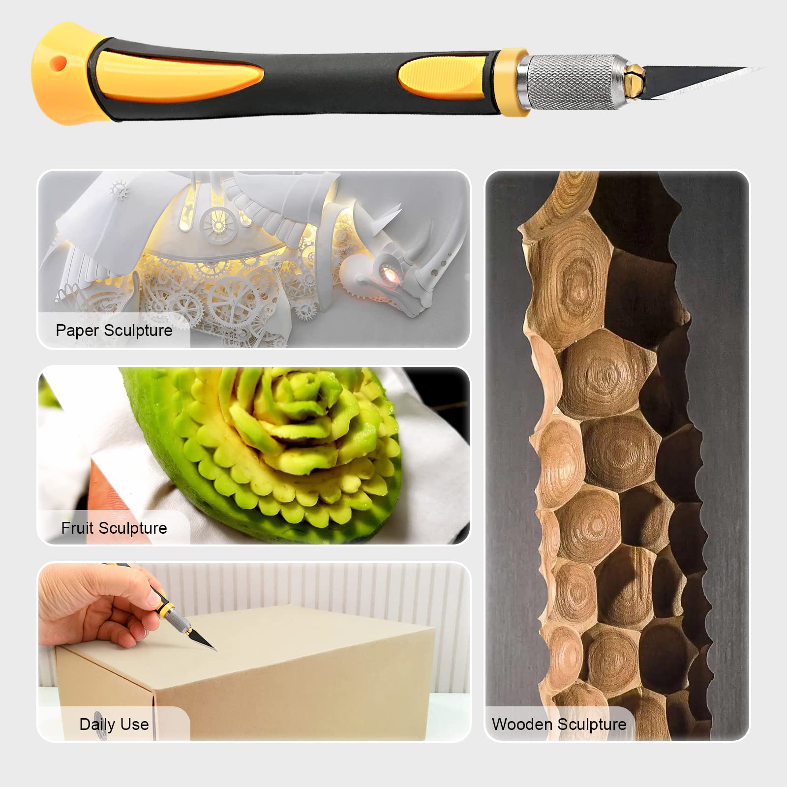 FOSHIO 2 Pack Precision Craft Knife Set with 20 Replacement Blades - Ergonomic Non-Slip Handle & Protective Cover - Ideal for Art, Crafting, Scrapbooking, Stencil Cutting & DIY Projects (Yellow)