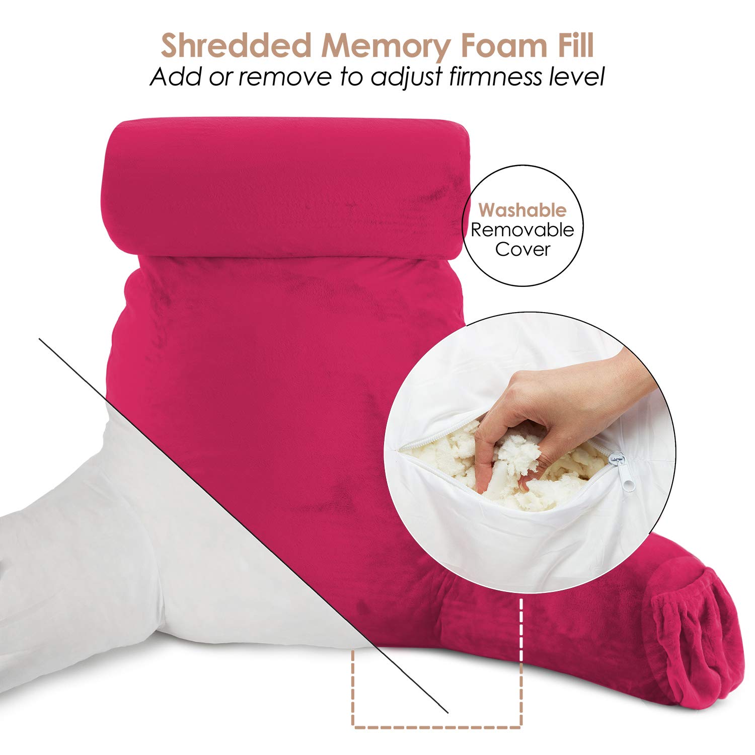 Nestl Large Reading Pillow for Bed - Shredded Memory Foam Back Support Pillow with Pockets - Perfect for Reading, Watching TV, or Relaxing in Bed - Hot Pink Bed Chair Arm Pillow for Adults & Kids