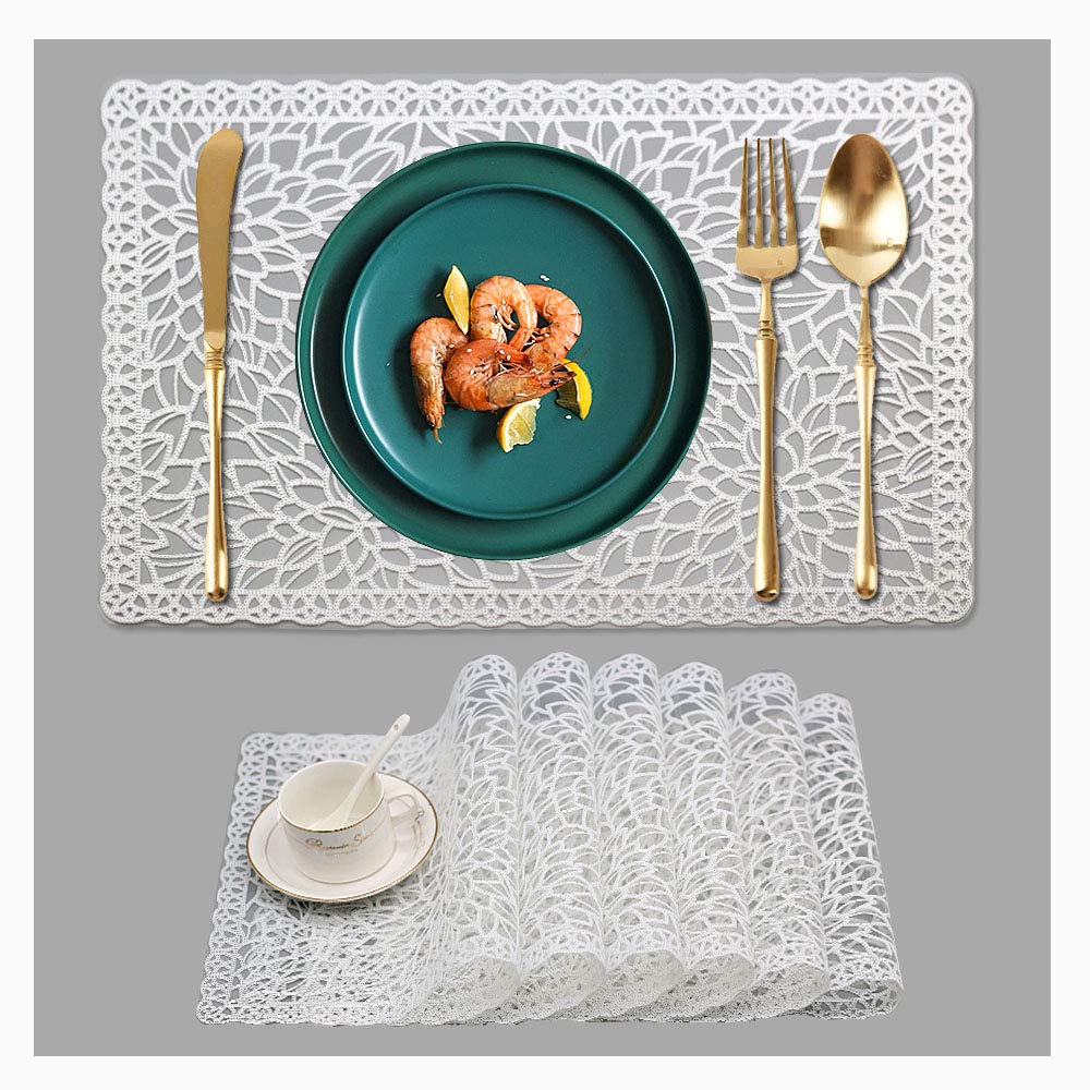 6-Pack Waterproof PVC Vinyl Placemats for Dining Table - White Plastic Washable & Wipe Clean Table Mats - Perfect for Kitchen, Restaurant, and Outdoor Picnic Use