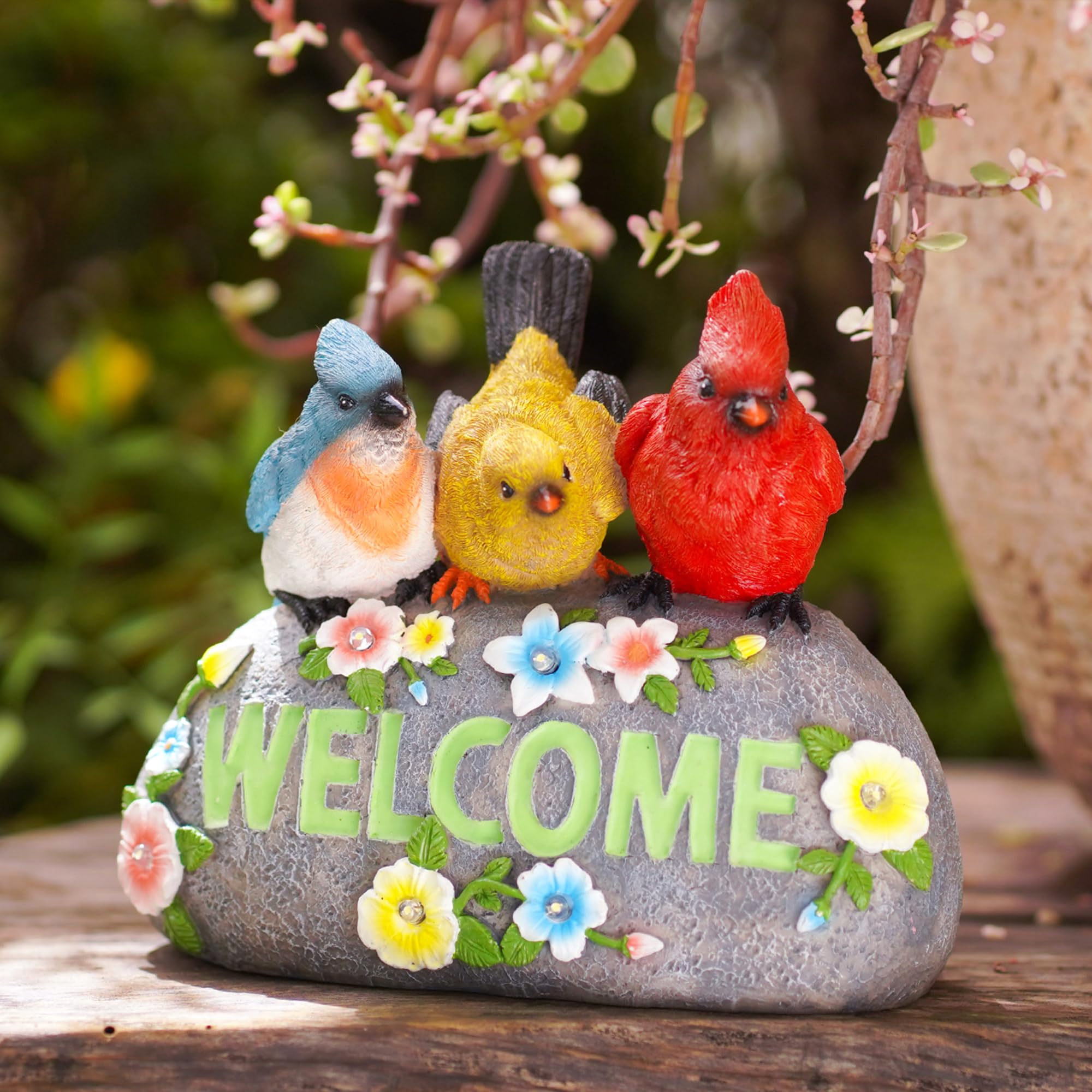 Solar Powered Bird Welcome Sign - Outdoor Garden Decor with LED Lights - Elegant Solar Figurines for Women, Moms & Bird Lovers - Perfect for Front Porch, Yard & Patio Decorations