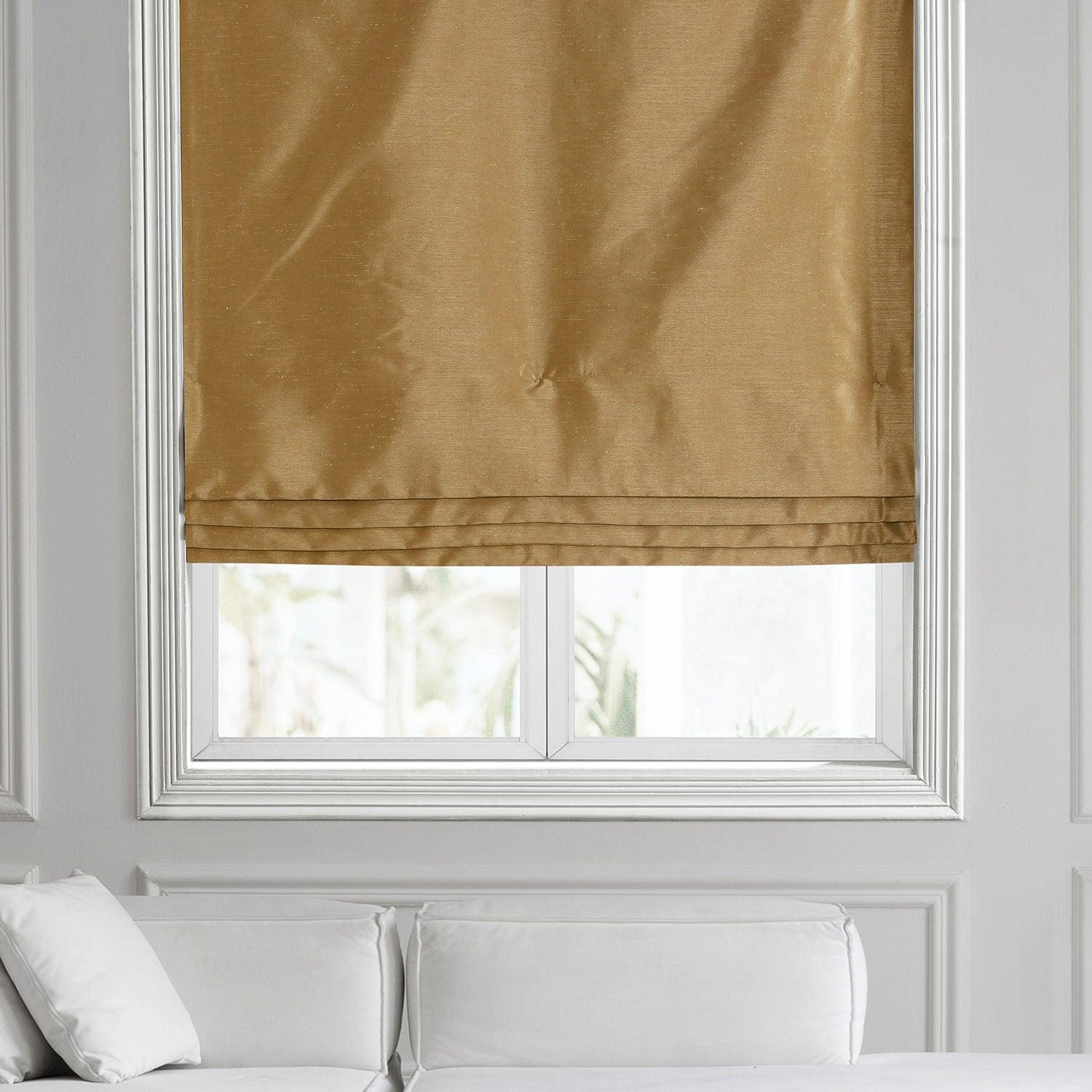 Flax Gold Vintage Textured Faux Dupioni Silk Roman Shade - Elegant Window Treatment for Living Room, Bedroom & Office Decor
