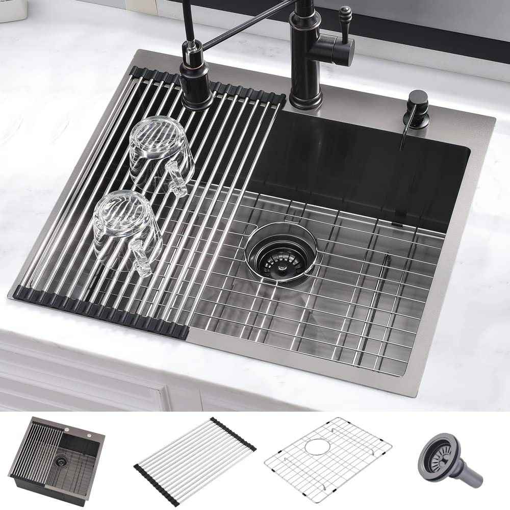 25 Inch Black Stainless Steel Drop-In Kitchen Sink by HACHENL - 16 Gauge Gunmetal Top Mount, 10 Inch Deep Single Bowl, Durable & Stylish for Modern Kitchens