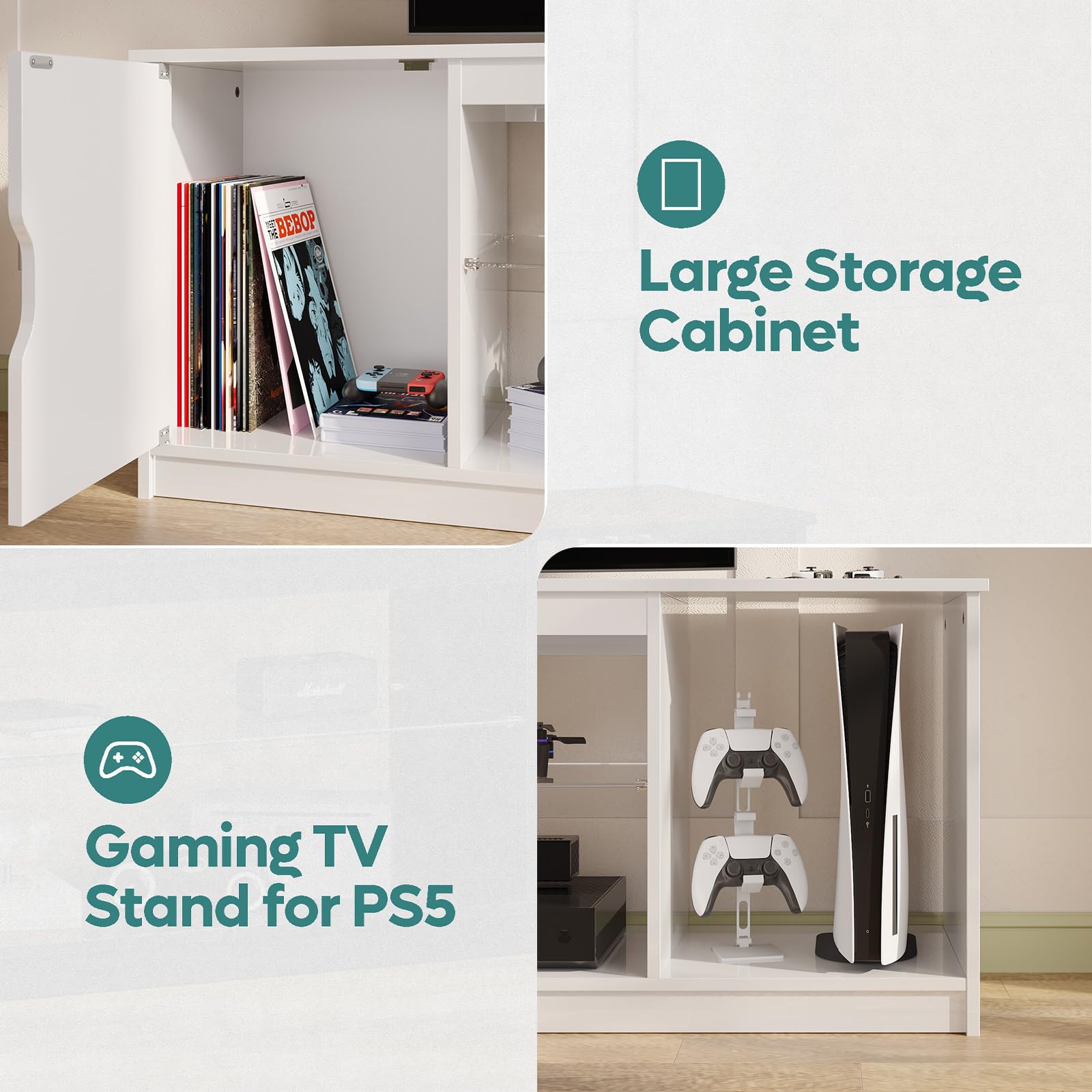 Bestier 57 Inch Gloss White TV Stand for 65 Inch TVs - Modern Entertainment Center with Glass Shelves, Adjustable Height, Compatible with PS5, Xbox & Gaming Consoles - Perfect for Living Room, Bedroom & Home Theater Setup