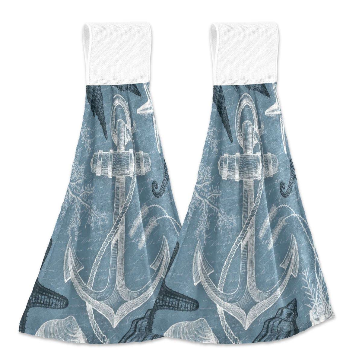 Nautical Anchor and Starfish Seashell Kitchen Towels Set of 2 - Super Absorbent Hand Towels for Bathroom, Hotel & Gym - Decorative Hanging Tea Bar Towels for Coastal Home Decor