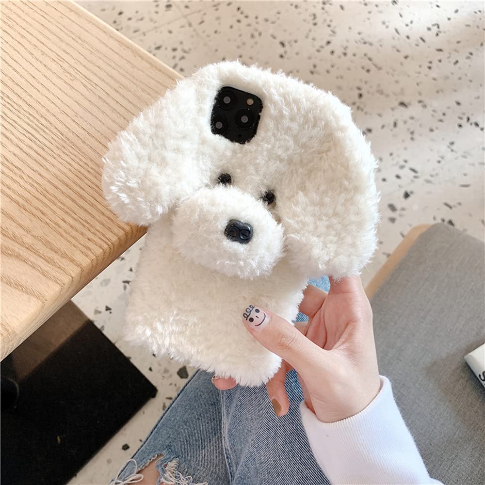 UnnFiko Fluffy Teddy Bear Dog Phone Case for iPhone 11 Pro Max - Soft Plush Fuzzy Warm Winter Protective Cover with TPU Bumper (Teddy White) - Perfect for Cold Weather, Gift Giving & Pet Lovers