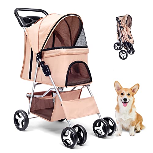 4-Wheel Pet Stroller for Small & Medium Dogs & Cats - Foldable Travel Carrier with Cup Holder & Removable Liner - Perfect for Vet Visits, Shopping & Outdoor Adventures