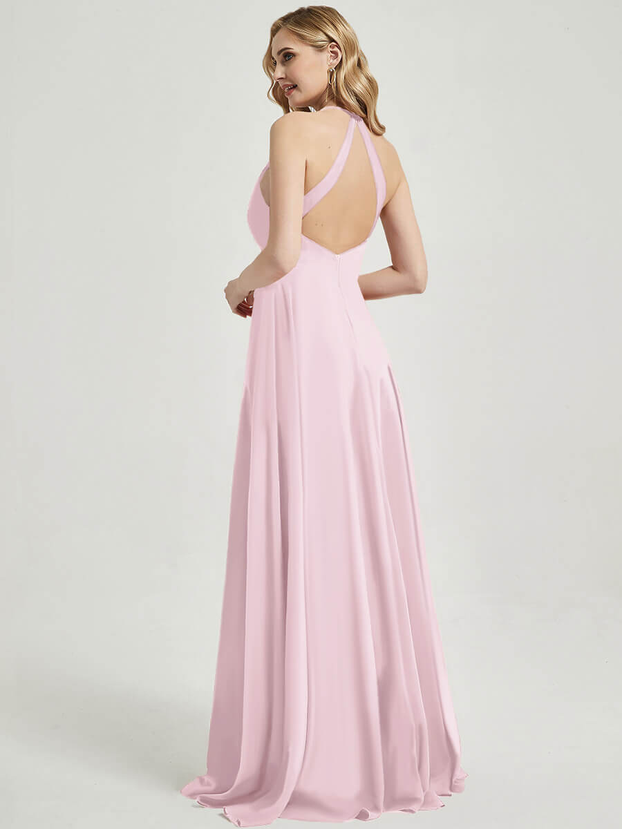 Elegant Blush Pleated Halter V-Neck Backless Maxi Chiffon Bridesmaid Dress for Weddings & Formal Events - Perfect for Beach Weddings, Evening Parties & Special Occasions
