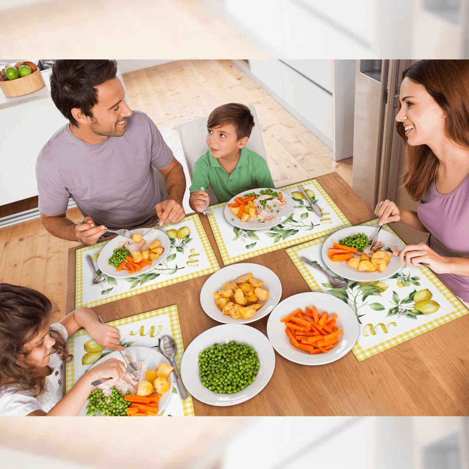 Premium Lemon Print Woven Fabric Placemats - Set of 4 Rectangle Table Mats for Dining Room Decor | Waterproof & Washable | Perfect for Everyday Meals, Dinner Parties, and Holiday Gatherings
