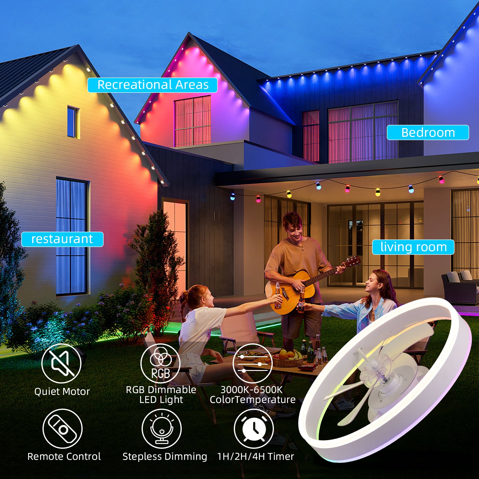 19.7 Inch RGB LED Ceiling Fan with Light - 3 Color Temperatures, 6 Speed Adjustable, Reversible Rotation for Bedroom, Living Room & Office