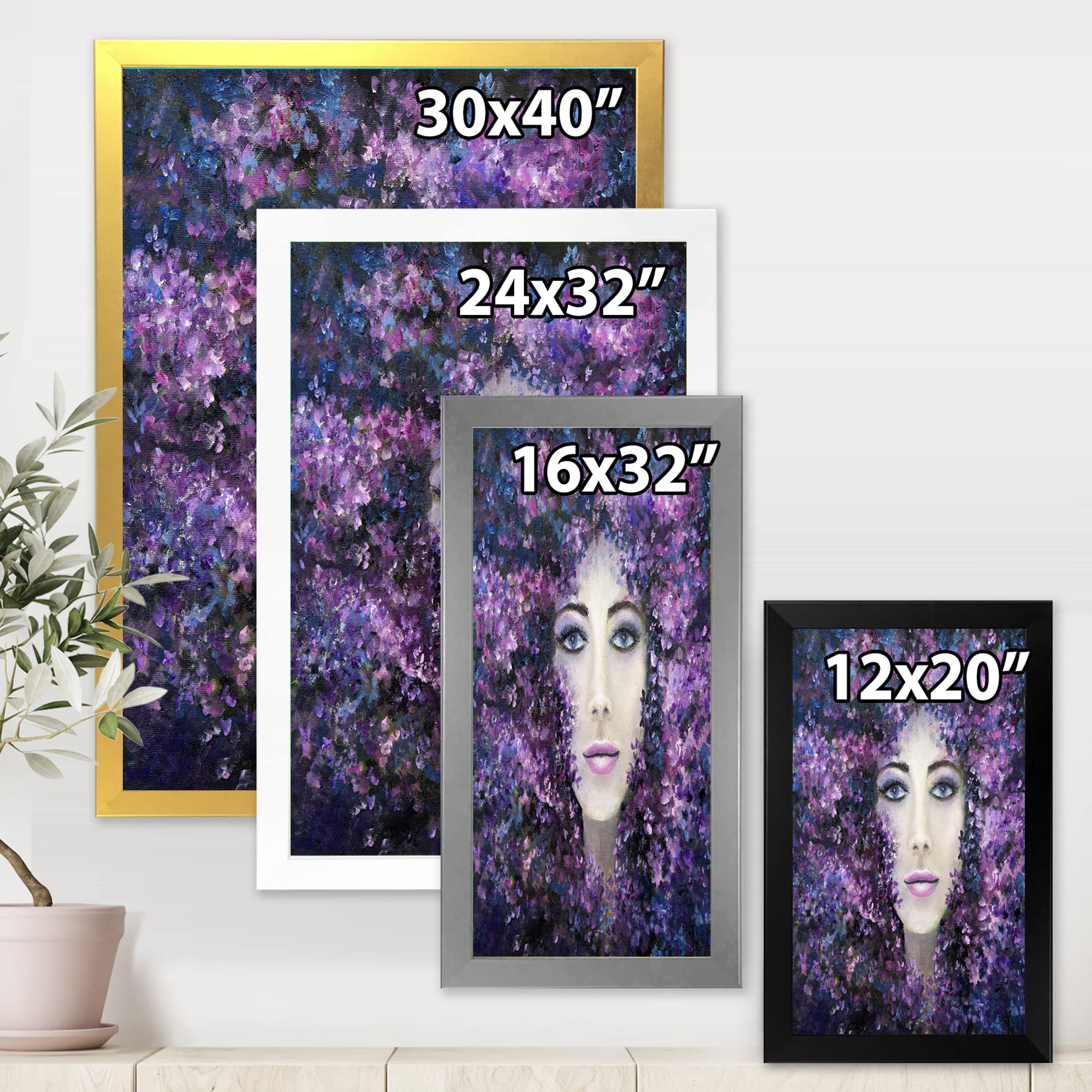 Modern Framed Wall Art - Purple Lavender Flowers Woman Portrait Painting for Living Room, Bedroom & Office Decor | Home & Office Wall Decorations