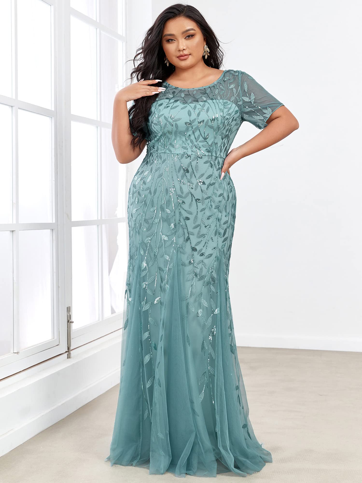 Ever-Pretty Women's Plus Size Embroidery Sequin Short Sleeve Bodycon Maxi Formal Dress 07707-PZUSA - Perfect for Evening Parties, Prom, Wedding Guest & Special Occasions