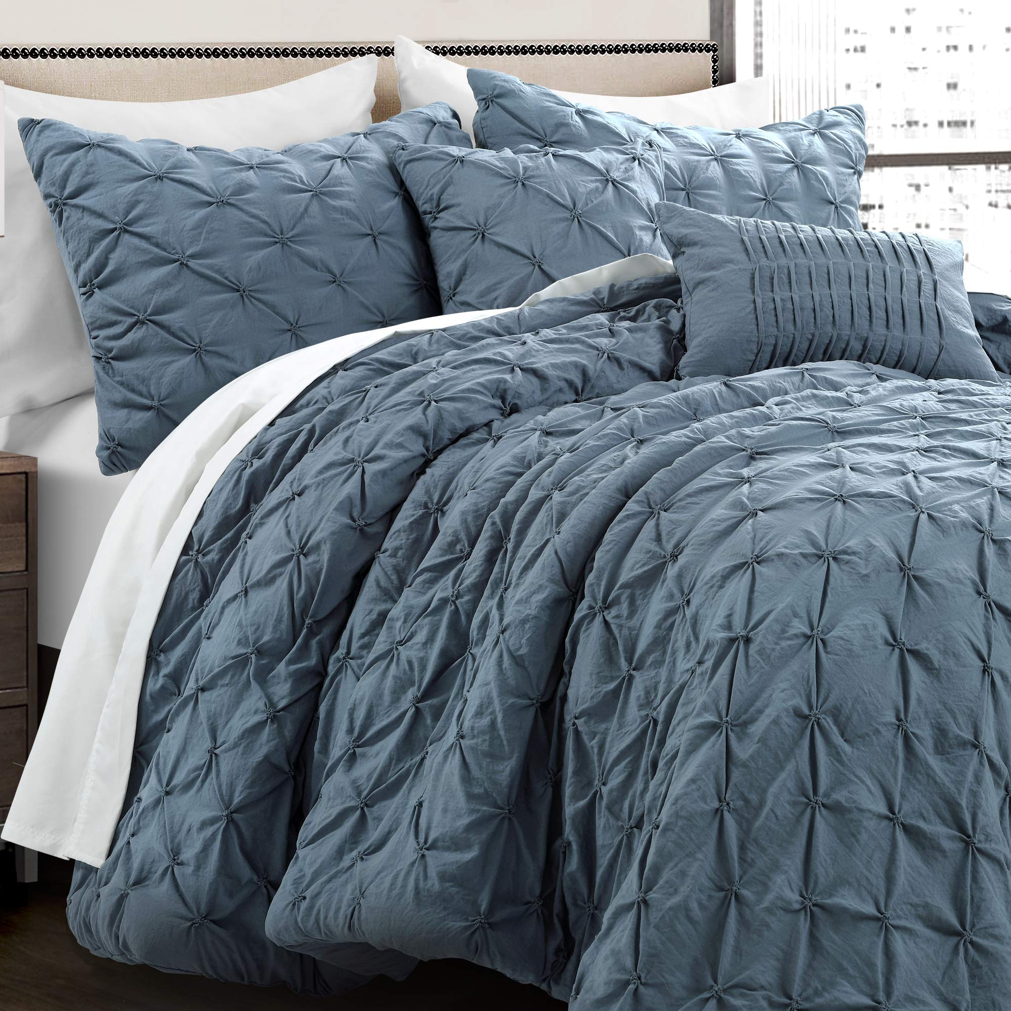 Luxury 5-Piece Ravello Pintuck Comforter Set - Stormy Blue Textured Bedding for Full/Queen Beds - Traditional Glam & Farmhouse Style - Perfect for Master Bedroom, Guest Room, and Airbnb Decor