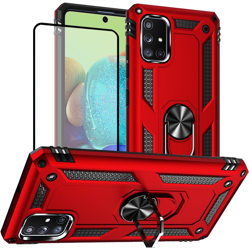 Samsung Galaxy A71 5G Case with Screen Protector - Military Grade Shockproof Phone Cover with Ring Stand, Compatible with Samsung A71 5G (Red) - Perfect for Outdoor Activities, Travel & Daily Protection