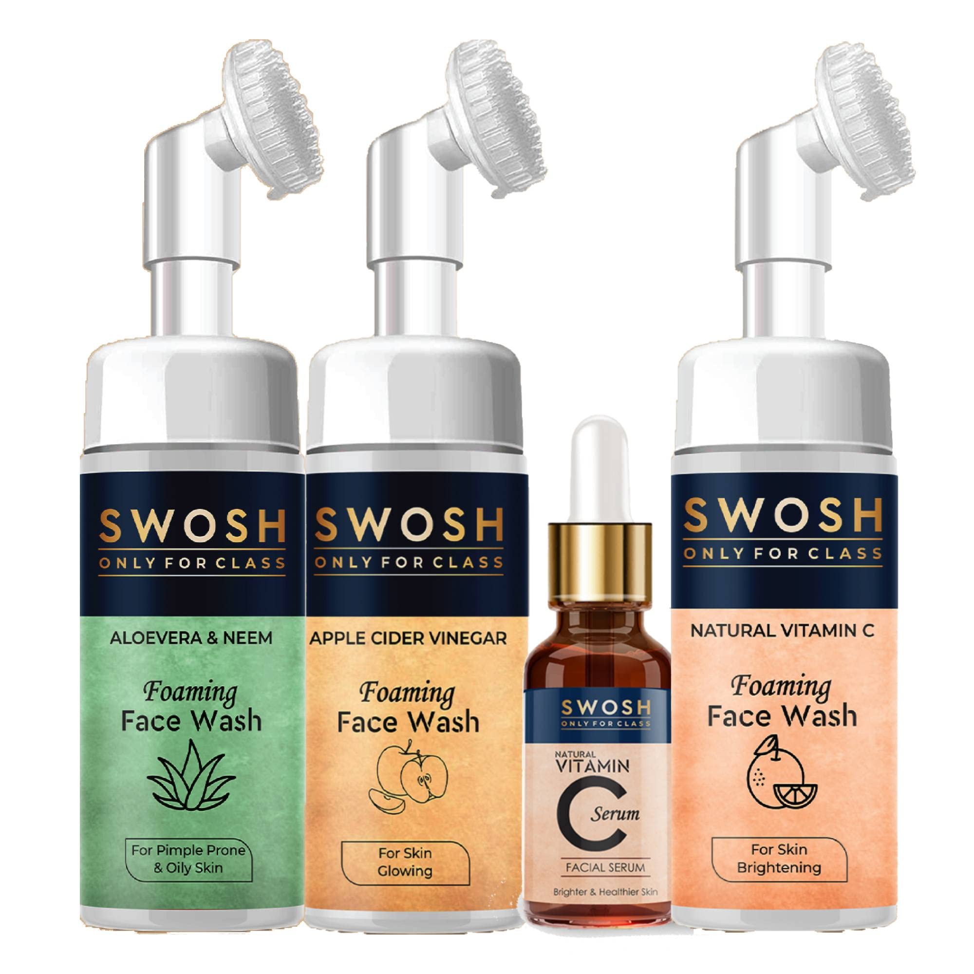 SWOSH Ayurvedic Skin Care Combo Pack - Aloe Vera Face Wash, Apple Face Wash & Vitamin C Face Wash (100ml each) + Vitamin C Serum (30ml) - Deep Cleansing & Moisturizing for Glowing Skin - Perfect for Daily Skincare Routine & Anti-Aging Care
