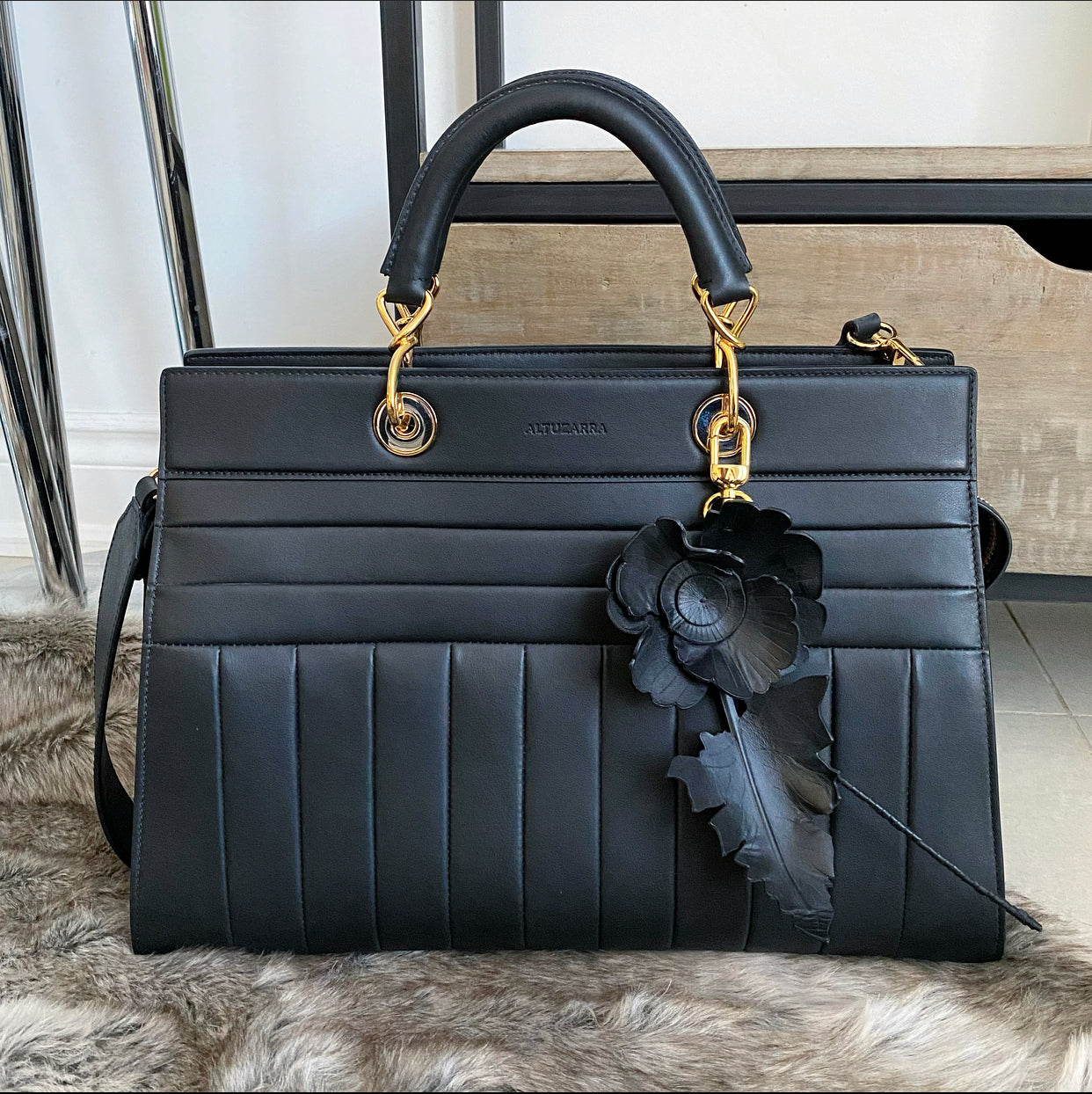 Altuzarra Black Leather Quilted Infinity Tote Bag for Women - Stylish Designer Handbag for Work, Travel & Everyday Use