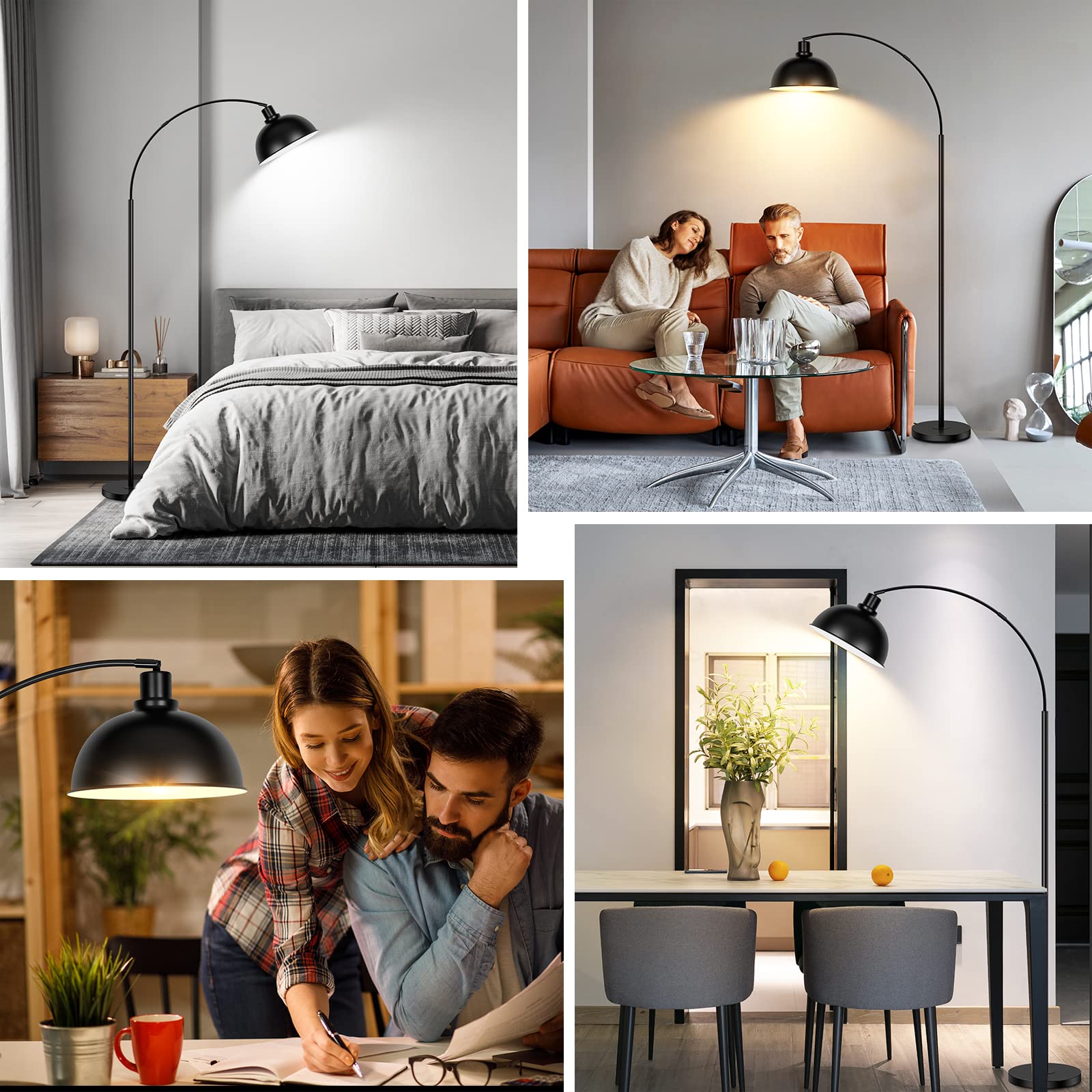 Modern Black Arc Floor Lamp with Remote Control - Stepless Dimmable Standing Lamp with Hanging Dome Shade for Living Room & Bedroom - Over Couch Arched Reading Light (Bulb Included) | Perfect for Cozy Reading Nooks, Sofa Lighting & Bedside Illumination
