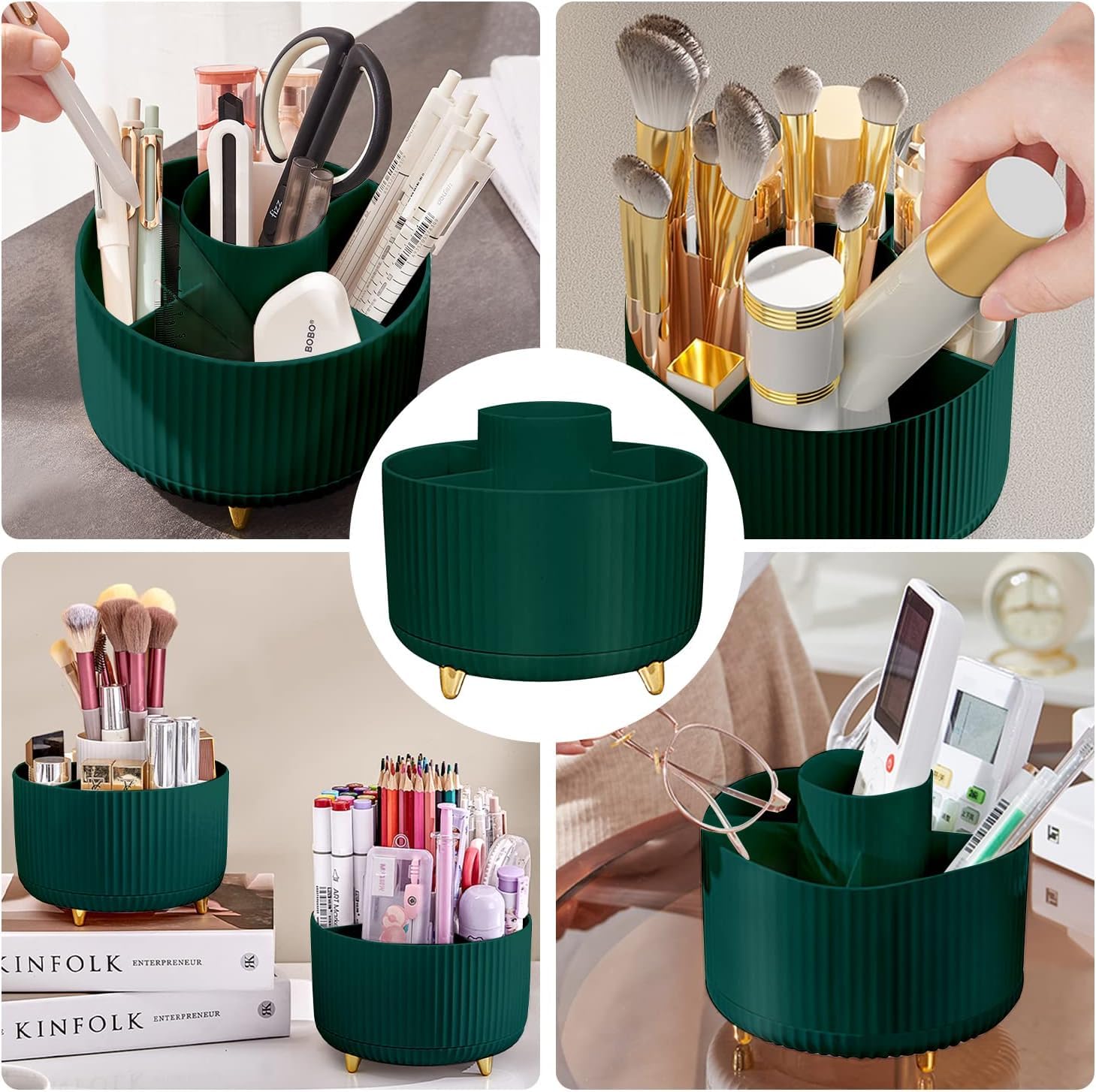 FreshDcart Stylish 5-Slot Rotary Makeup Organizer with Round Tray & Brush Holder - Dark Green Cosmetic Storage for Office Desk, Vanity, Bathroom | Perfect for Makeup Brushes, Lipsticks, Eyeliners & Beauty Tools Organization